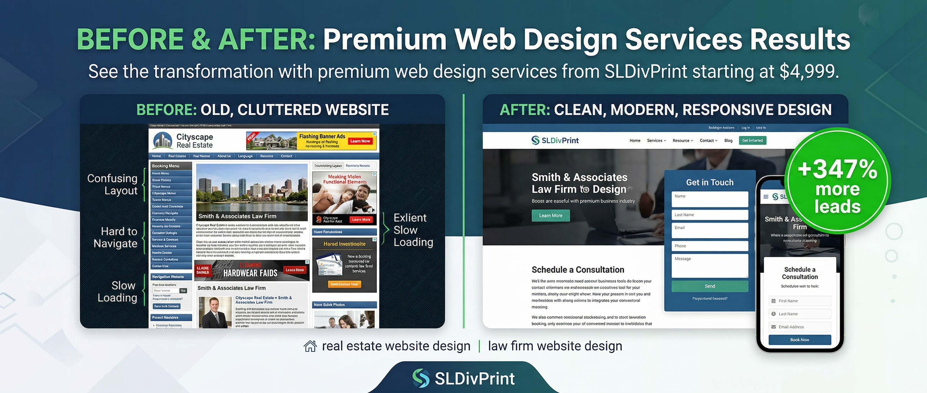 Before After Premium Web Design Services Results law firm website design. real estate website design, law firm website design, construction company website design, beauty salon website design, manufacturing business website design, entertainment company website design, retail brand website design, corporate litigation website design, AI optimized website, responsive website design