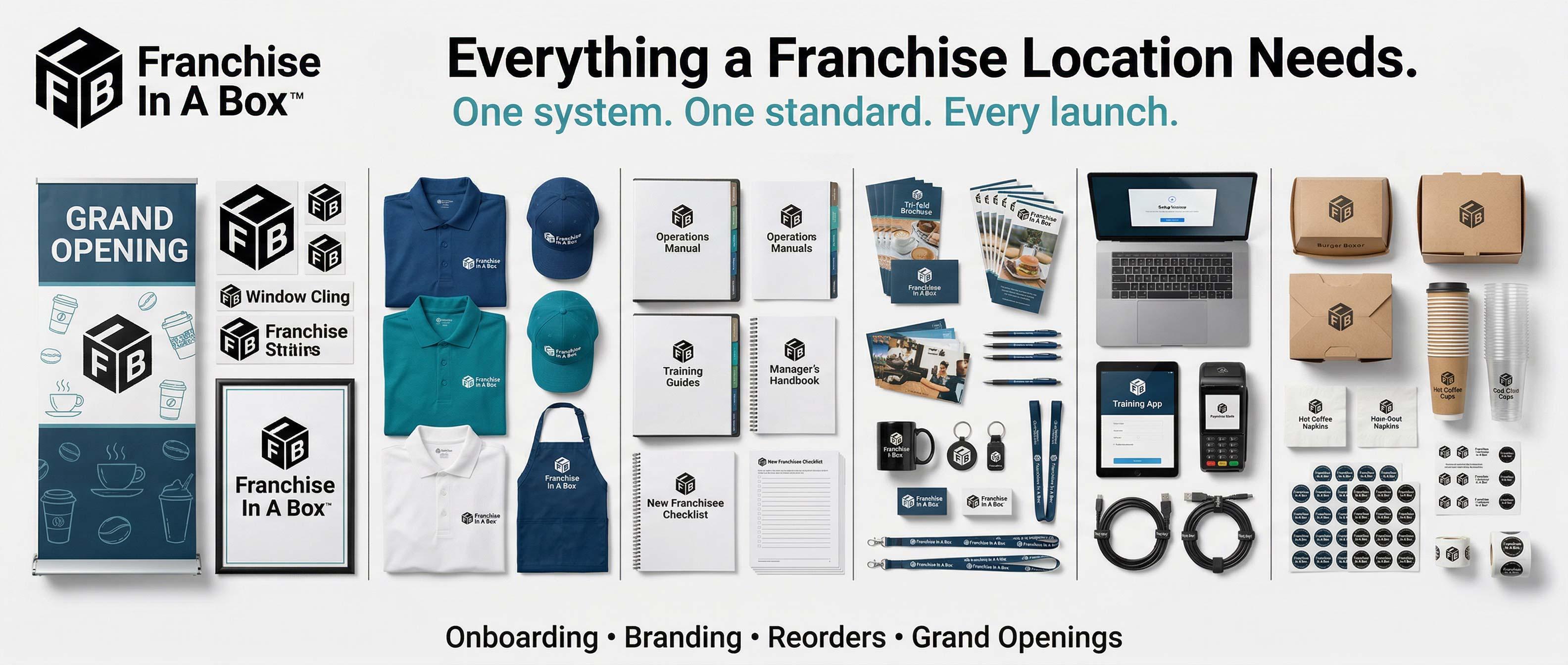 Turnkey franchise launch kits including signage, apparel, marketing, and onboarding materials
