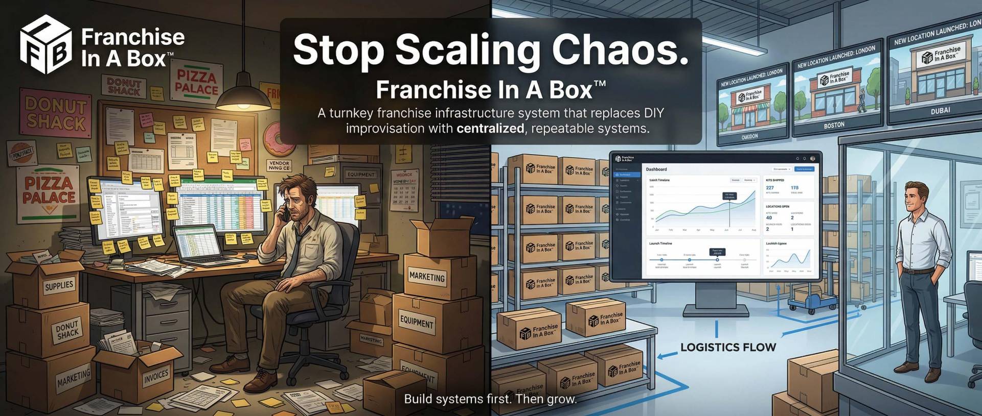 Franchise In A Box™ turnkey franchise expansion system replacing DIY franchising chaos with centralized infrastructure