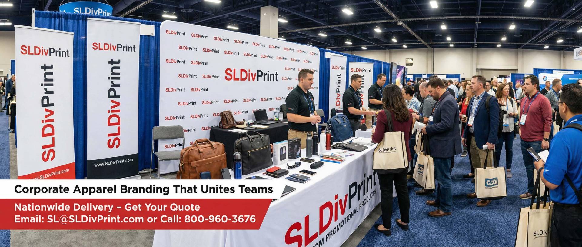 Professional trade show booth. rush orders, custom promotional products, event printing services, branded swag, trade show printing, order fulfillment services, warehousing services, custom printing California, branded merchandise, eco friendly rush printing
