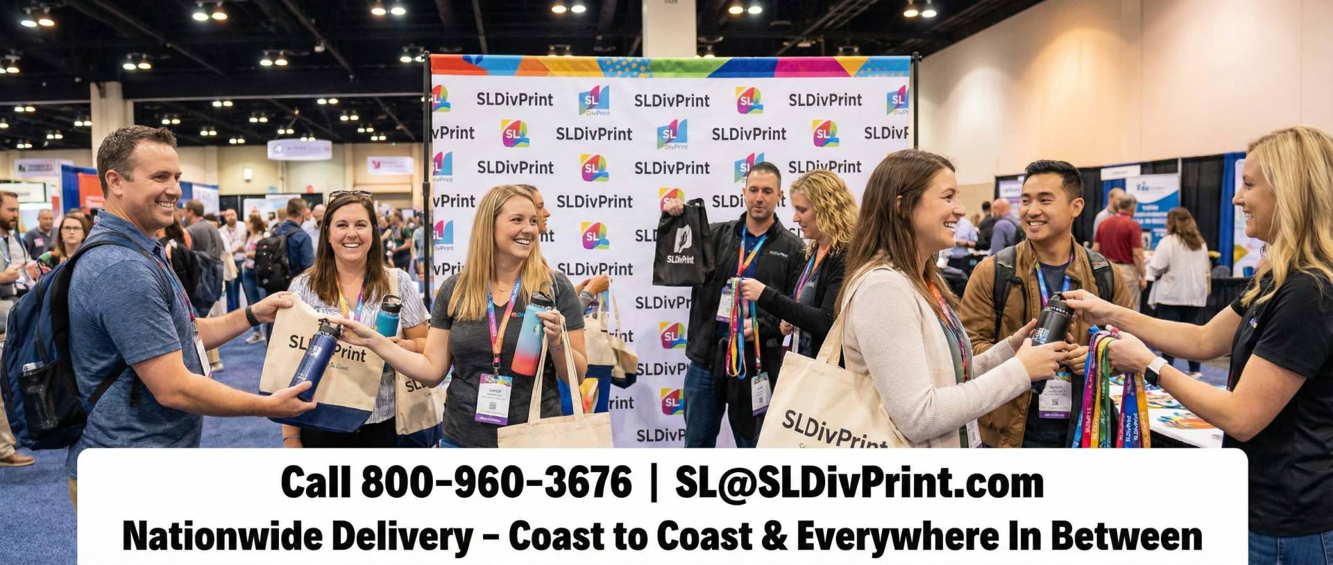 busy trade show booth people getting swag step and repeat banners promotional products SLDivPrint