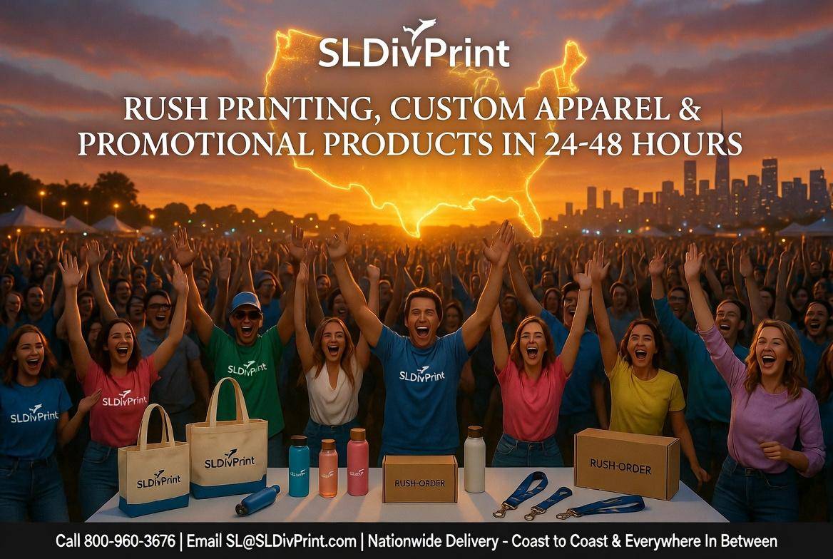 rush printing custom apparel promotional products nationwide 24-48 hour hero with cta. rush orders, custom promotional products, event printing services, branded swag, trade show printing, order fulfillment services, warehousing services, custom printing California, branded merchandise, eco friendly rush printing