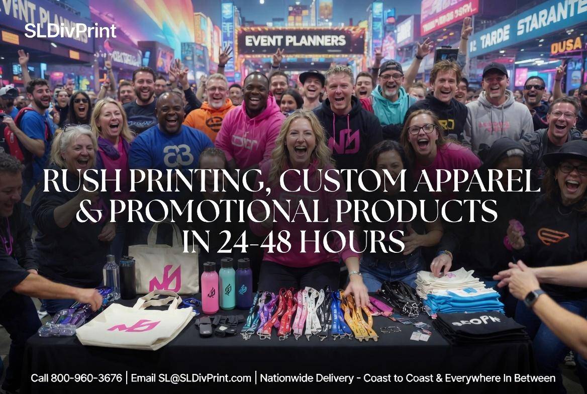 rush printing custom apparel promotional products nationwide 24-48 hour delivery hero. rush orders, custom promotional products, event printing services, branded swag, trade show printing, order fulfillment services, warehousing services, custom printing California, branded merchandise, eco friendly rush printing