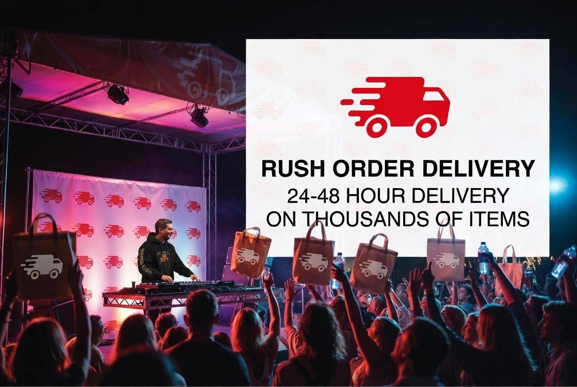 24-48 hour delivery rush printing custom apparel promotional products. rush orders, custom promotional products, event printing services, branded swag, trade show printing, order fulfillment services, warehousing services, custom printing California, branded merchandise, eco friendly rush printing
