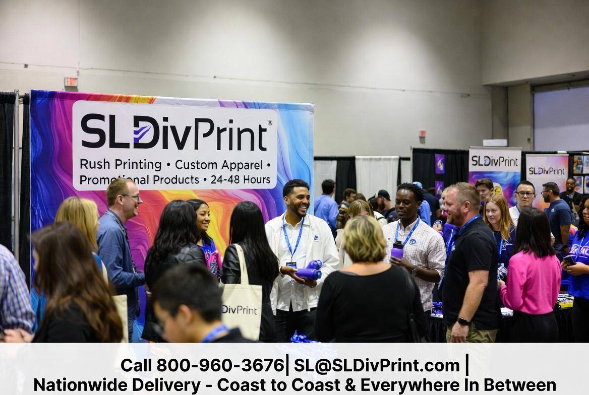 SLDivPrint Busy Trade Show Booth People getting swag step and repeat banners promotional products SLDivPrint