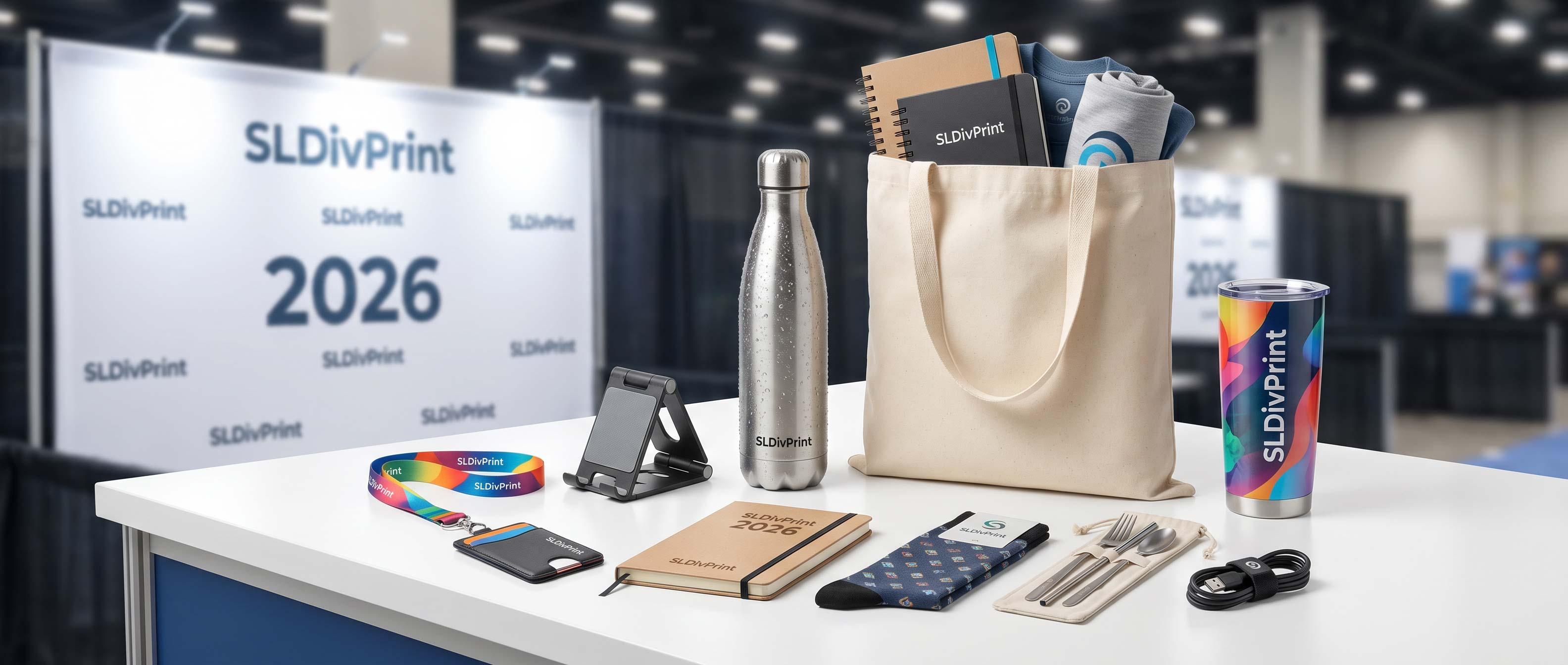 At a convention booth a tote bag and swag like notebooks a stainless water bottle and a colorful tumbler sit on a white table in front of a 2026 SLDivPrint backdrop many branded items scattered nearby best trade show promotional products 2026 on booth table with banners trade show giveaways 2026 promotional products for trade shows best trade show swag trade show booth promotional products top trade show giveaways effective trade show promotional products rush promotional products for trade shows sustainable trade show promotional products trade show swag ideas 2026 best promotional giveaways for trade shows