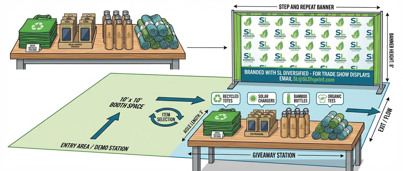 Sustainable trade show giveaways and merch trends 2026 10x10 booth layout ideas merch trends 2026 trade show giveaways trade show swag top trade show booth giveaways trade show merch that lands deals pop up banner retractable banner step and repeat banner rush order promo products