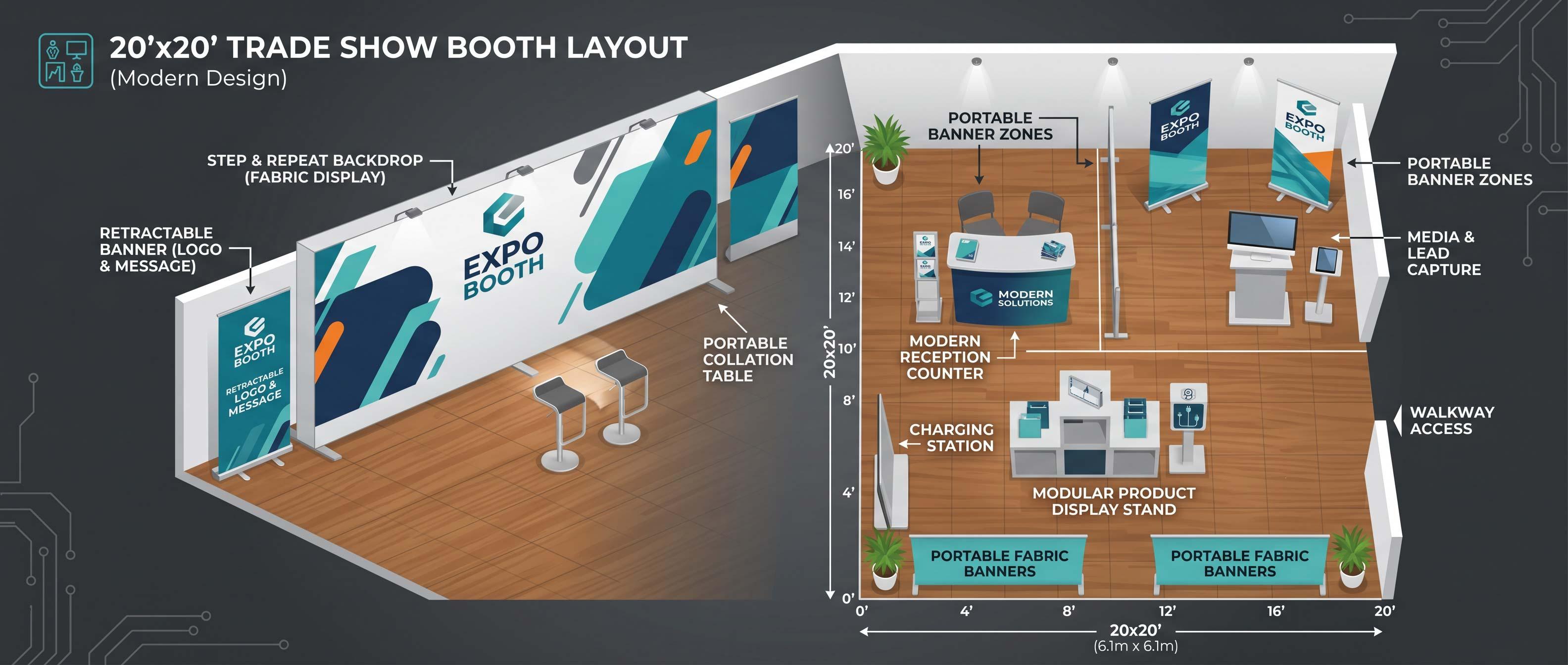 20x20 Portable Trade Show Booth Layout | SL Diversified Printing 20 x 20 trade show booth ideas portable display layout rush order banner rush order trade show displays trade show marketing services 20 x 20 trade show booth ideas step and repeat portable banner retractable banner custom trade show displays rush trade show displays trade show booth setup