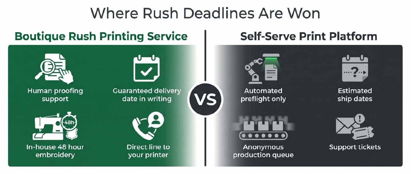 Split-panel infographic comparing a boutique rush printing service with human proofing support against a self-serve platform's automated queue. rush printing service, same day order turnaround, boutique print shop, 48 hour embroidery, trade show banner deadline, custom check vendor, human proofing support, guaranteed delivery date, Scottsdale promotional products, nationwide fulfillment partner, screen printed apparel