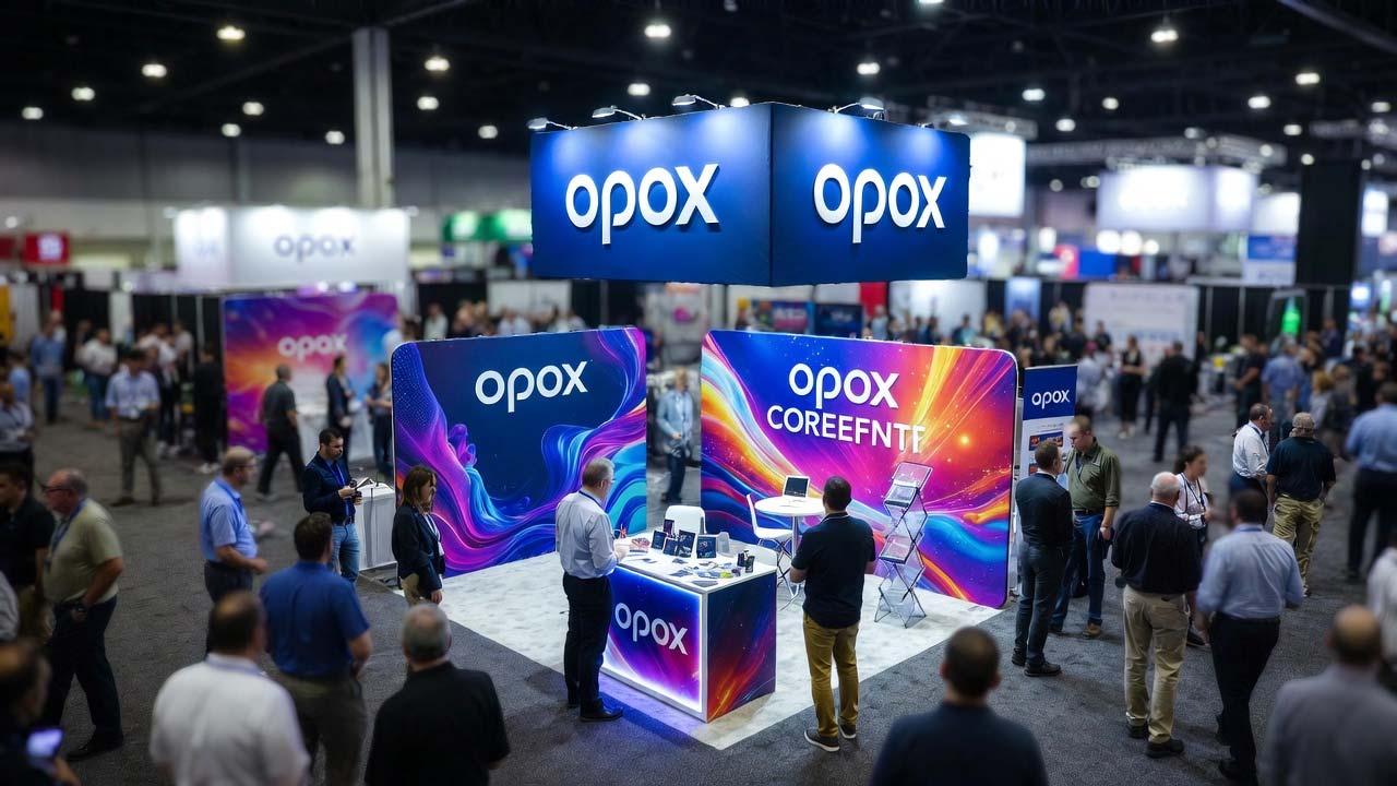 A fully set up custom trade show booth featuring a 10ft hopup banner for maximum impact. diversified printing services, Custom Trade Show Booth, 10x10 trade show displays, trade show display booths