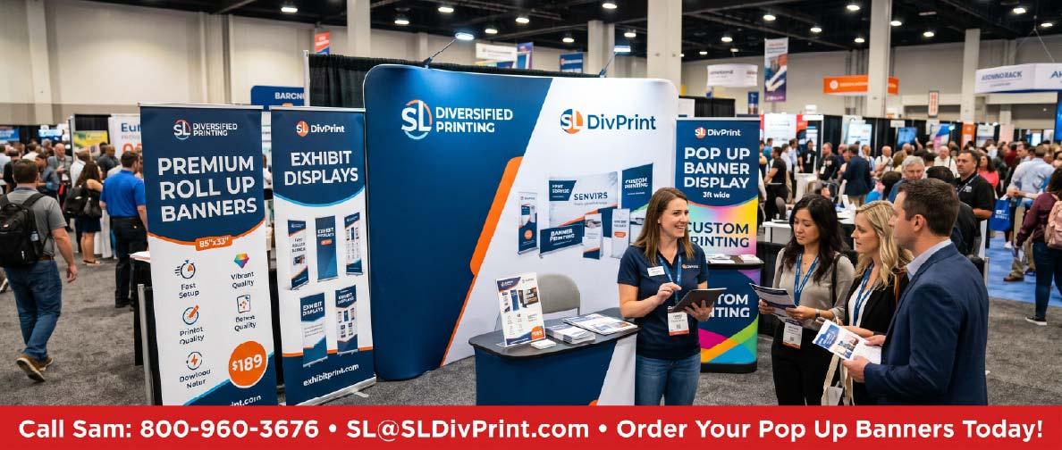 Busy 2026 trade show floor booth with pop up banners and trade show banners drawing a crowd trade show banners retractable banner stands banner design best practices custom retractable banners 2026 trade show trends roll up banner design portable trade show displays retractable banner printing event banner design pop up banners