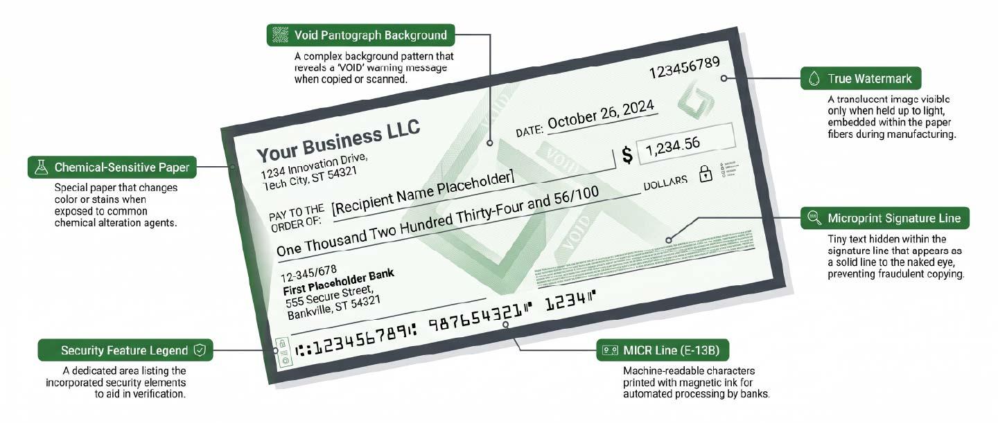 Custom business checks with MICR encoding and layered security features printed on secure check stock. custom business checks, rush order checks, MICR checks, payroll checks printing, business check printing services, secure check stock, laser checks for QuickBooks, same day check printing, high security business checks, checks with security features, order company checks fast