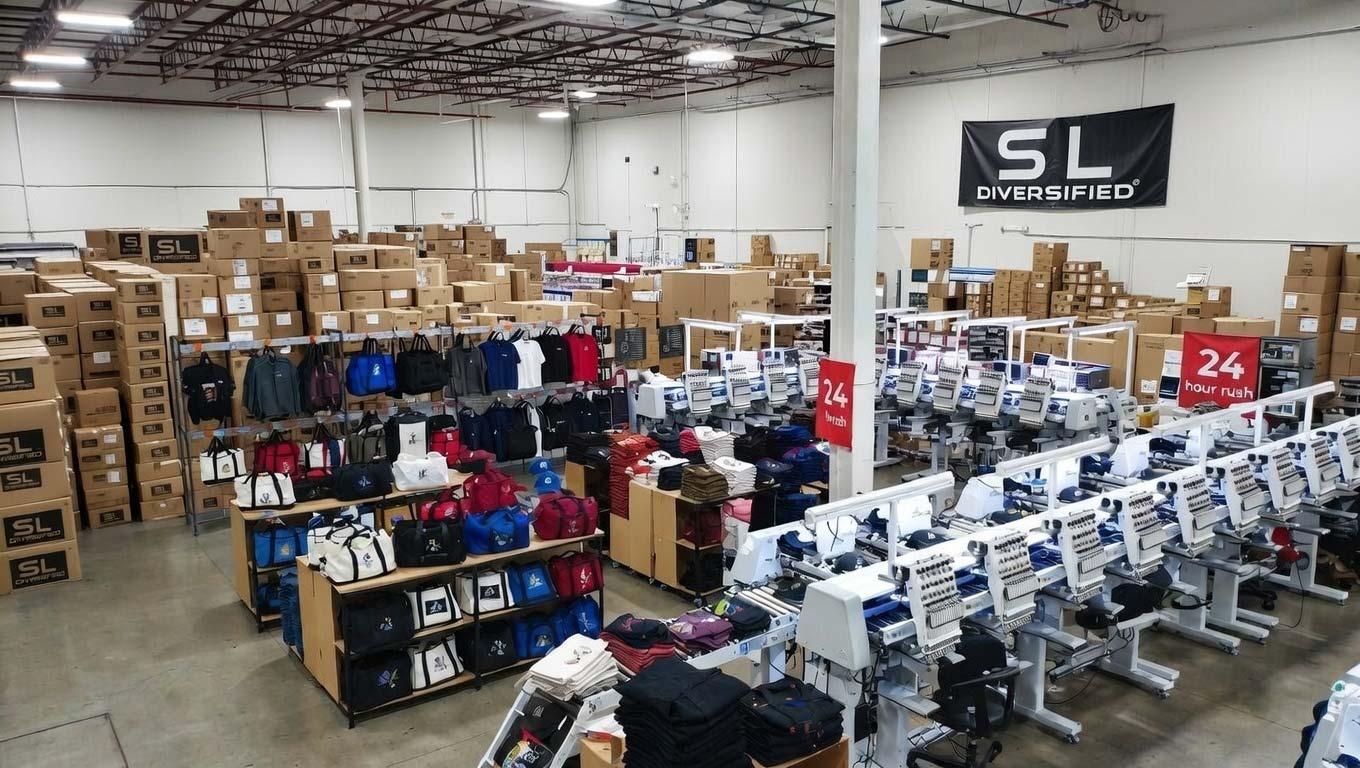 Custom embroidery services warehouse with boxes ready to ship custom embroidered hats Diversified Printing Services  Rush order hats Rush order custom bags Rush order custom backpack first print approval first sewout approval