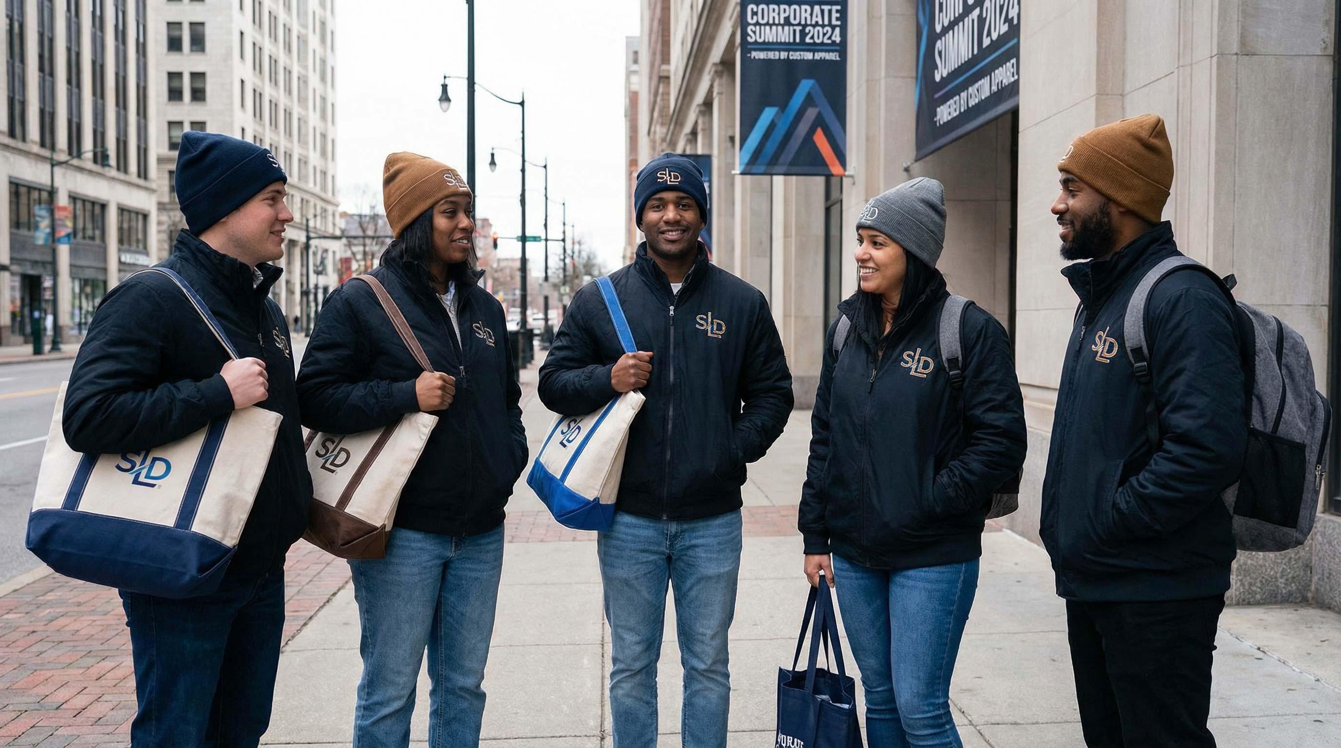 Group of five professionals wearing custom black jackets branded beanies and carrying promotional tote bags at Corporate Summit 2026 custom apparel for corporate events custom branded clothing event promotional apparel rush custom apparel embroidered corporate wear