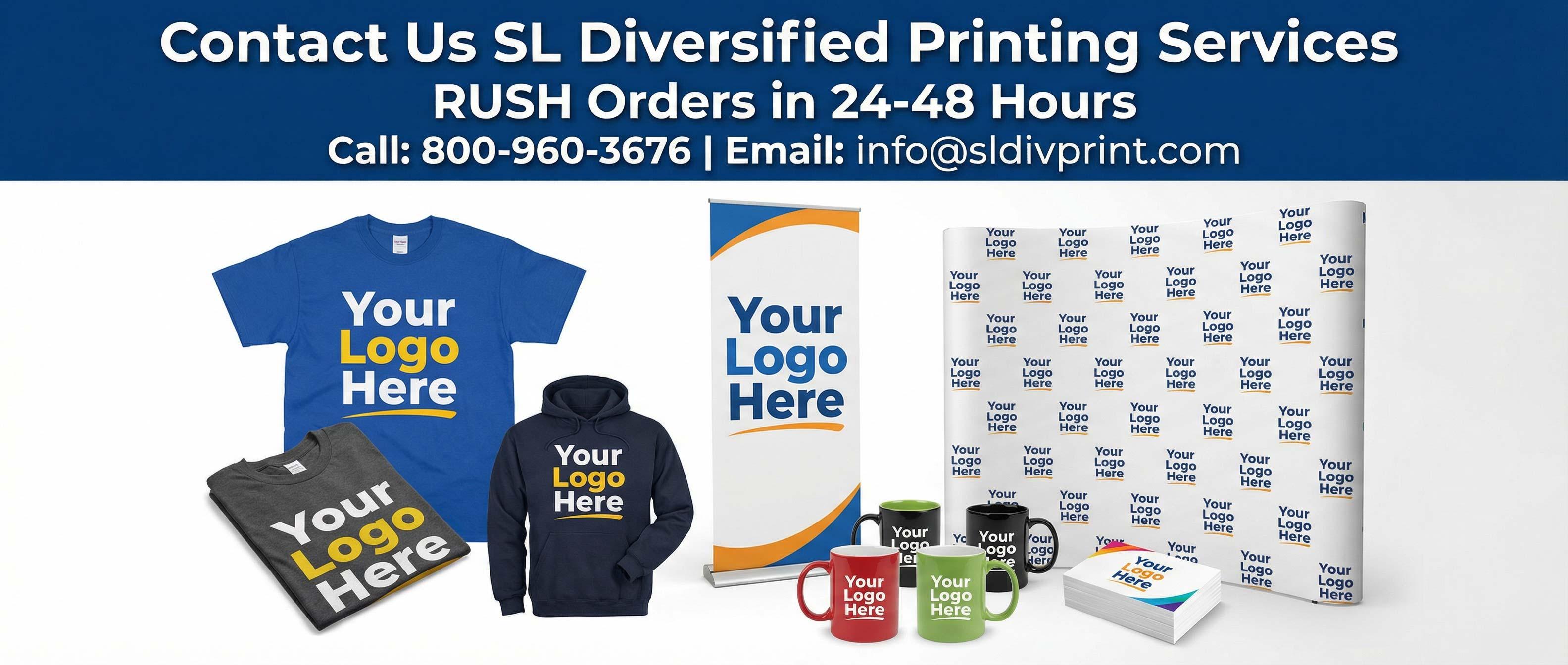Rush order printing Scottsdale for custom t shirts hoodies mugs and banners Diversified Printing Services printing quote request custom apparel orders custom checks printing custom printing support 24 48 hour rush orders trade show displays printing rush printing services promotional products contact Contact SL Diversified Printing