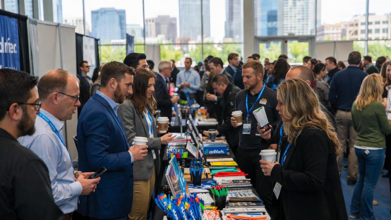 Networking attendees at trade show booth with promotional swag and custom table cloth trade show displays custom table cloth with logo custom table cloths customized table cloth with logo custom printed table cloth 6ft tablecloth with logo rush order custom table cloth Diversified Printing Services portable trade show displays banner stand