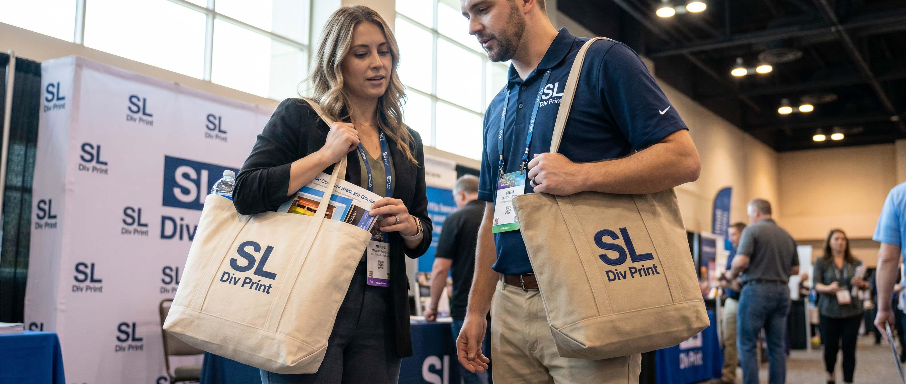Two conference attendees talk at a trade show booth each carrying a beige tote labeled 'SL Div Print'. best trade show swag custom tote bag 2026. trade show giveaways 2026, promotional products for trade shows, best trade show swag, trade show booth promotional products, top trade show giveaways, effective trade show promotional products, rush promotional products for trade shows, sustainable trade show promotional products, trade show swag ideas 2026, best promotional giveaways for trade shows