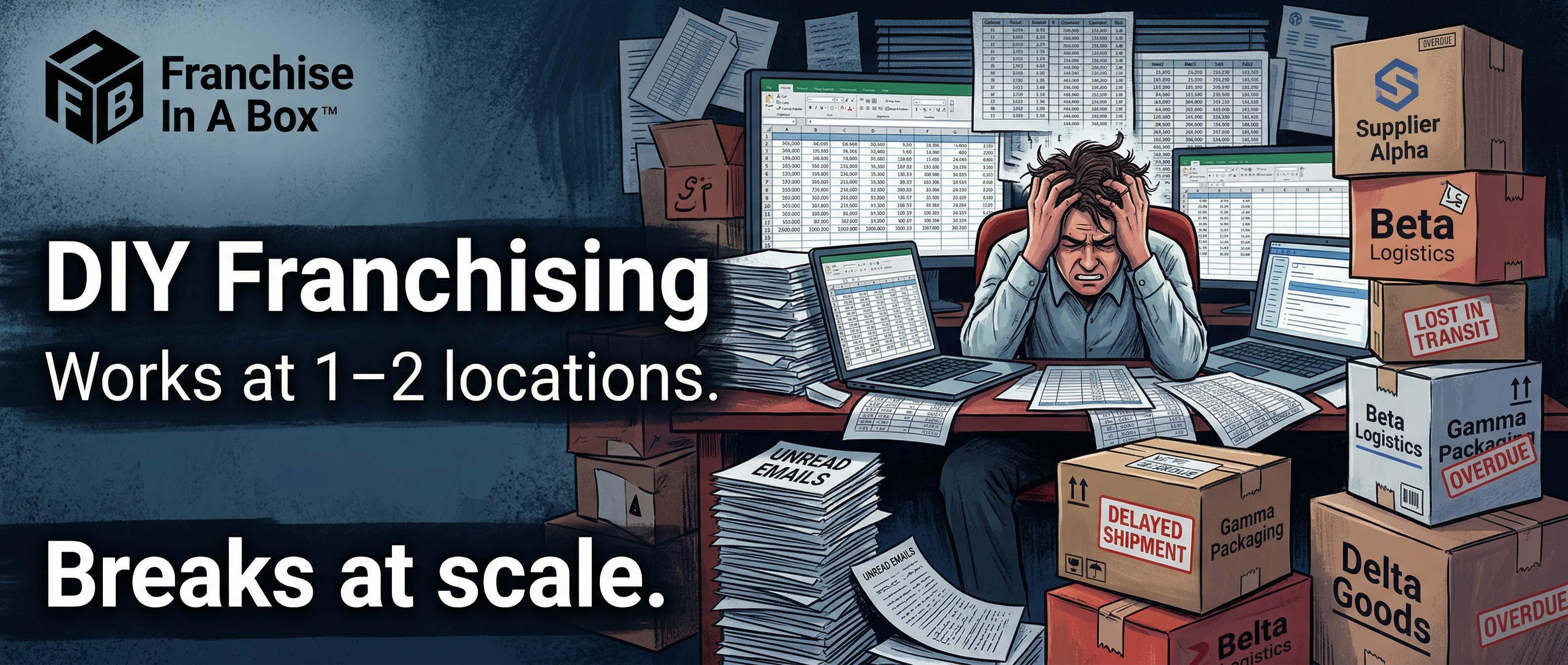 DIY franchising chaos caused by spreadsheets and disconnected vendors franchise launch systems franchise vendor consolidation franchise scalability franchise onboarding kits franchise launch kits franchise fulfillment franchise brand consistency multi location franchising franchise growth systems franchise operations platform DIY Franchising vs Franchise In A Box