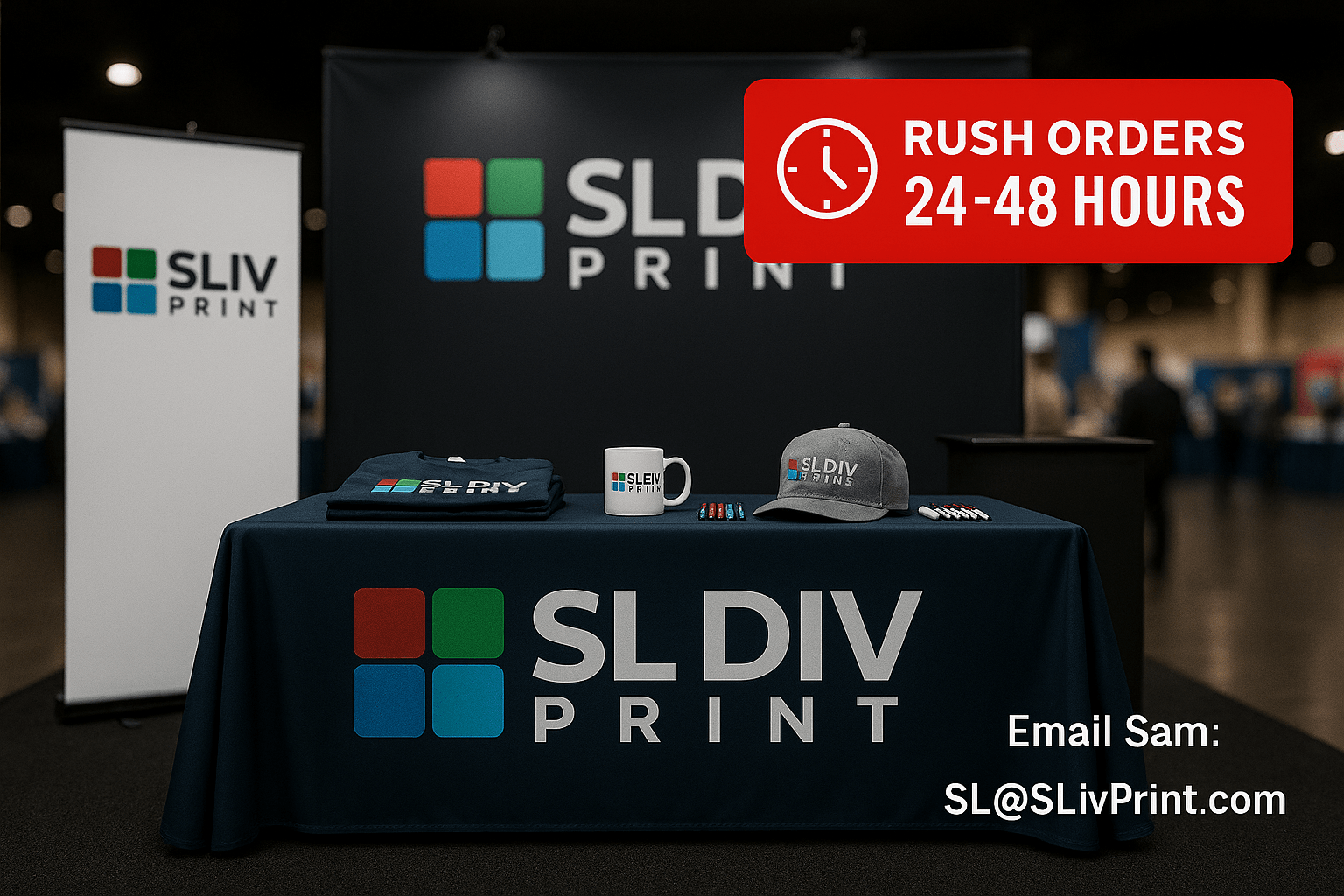 Custom table cloth in trade show booth with promo swag and rush orders overlay for event branding trade show displays custom table cloth with logo custom table cloths customized table cloth with logo custom printed table cloth 6ft tablecloth with logo rush order custom table cloth Diversified Printing Services portable trade show displays banner stand