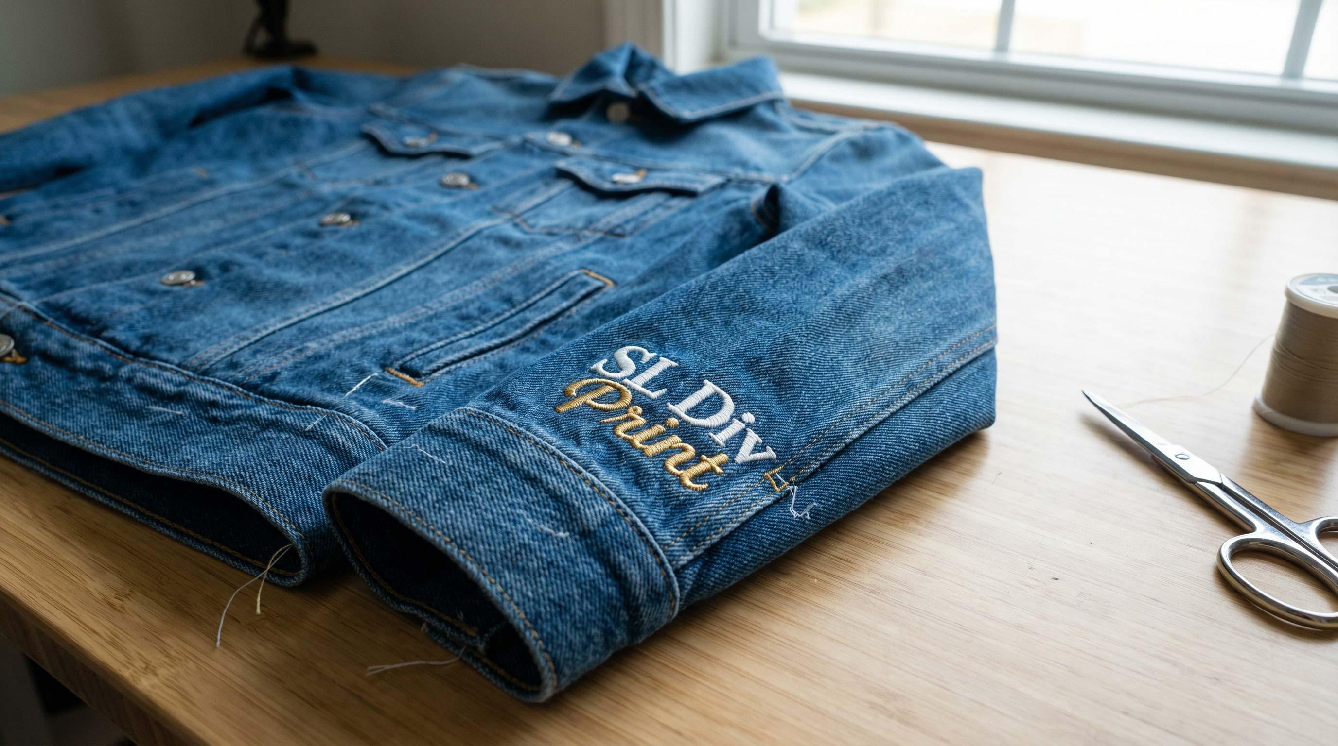 First sewout approval on custom embroidered denim jacket by SL Diversified custom embroidered hats Diversified Printing Services  Rush order hats Rush order custom bags Rush order custom backpack first print approval first sewout approval