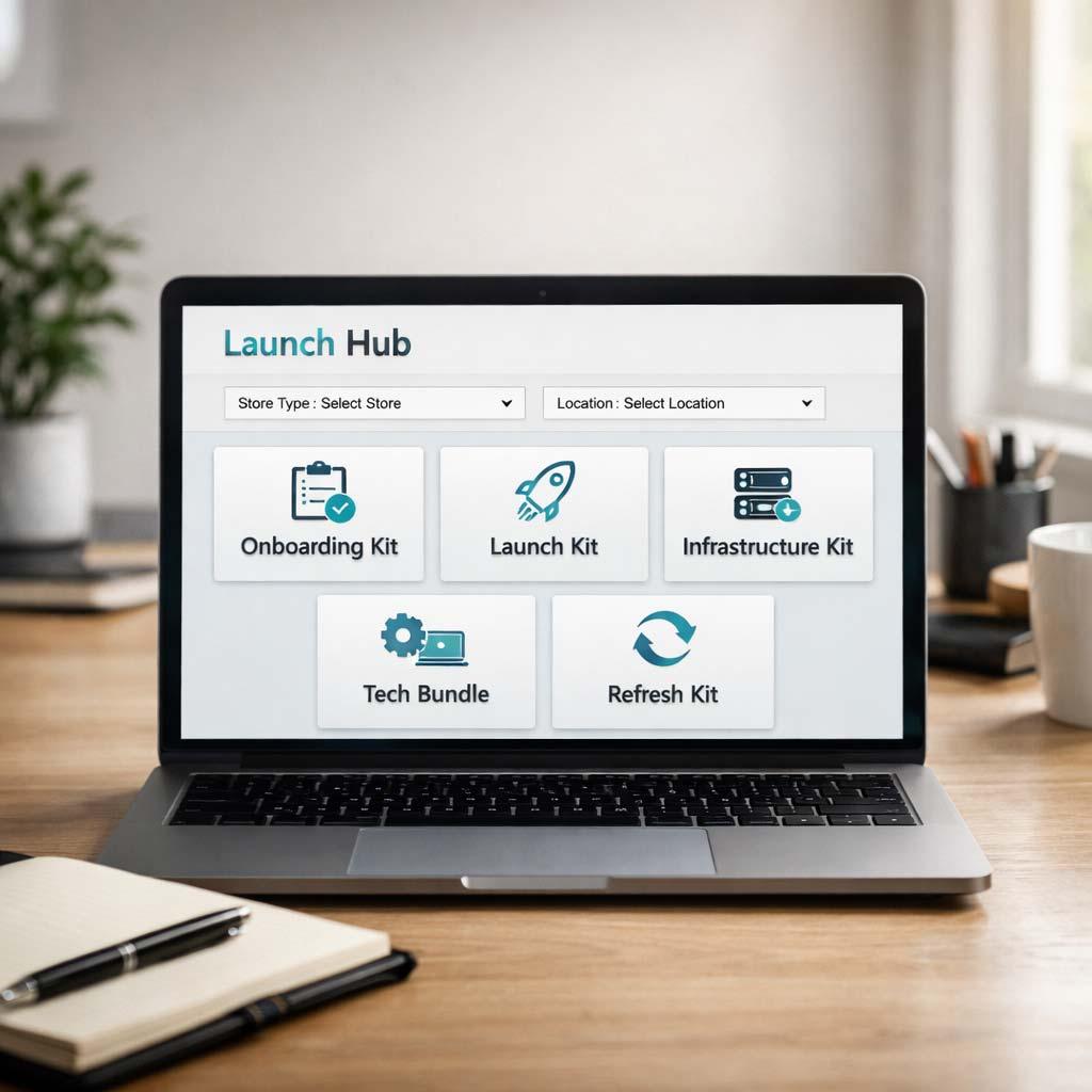 Franchise Ordering Portal | SL Diversified Printing Franchise Ordering Portal launch hub displaying onboarding kit launch kit infrastructure kit tech bundle refresh kit custom promo products rush printing