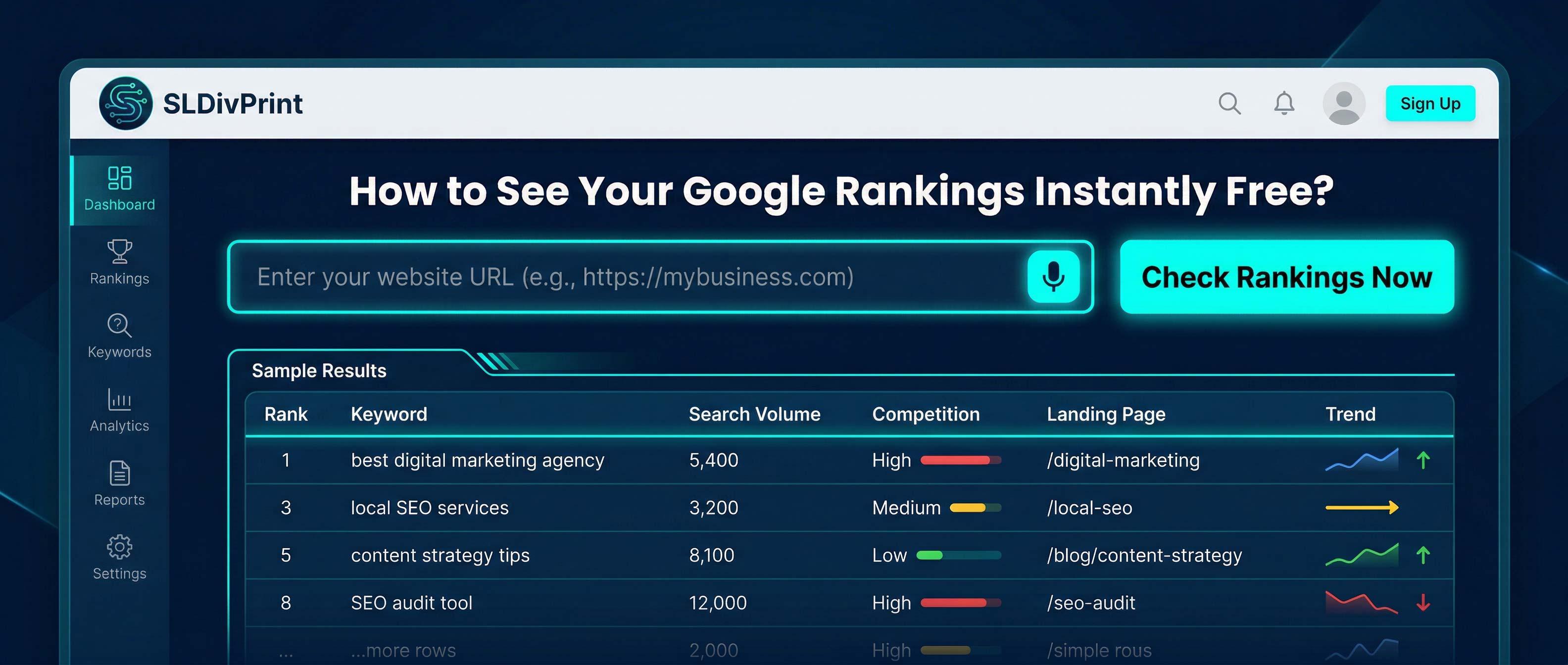 how to see your google rankings instantly free dashboard SLDivPrint free keyword ranking checker tool check google rankings free instant google ranking checker free seo rank checker tool how to check website rankings free google ranking tool free voice search keyword ranking tool free website rank checker improve google rankings fast free seo keyword ranking report