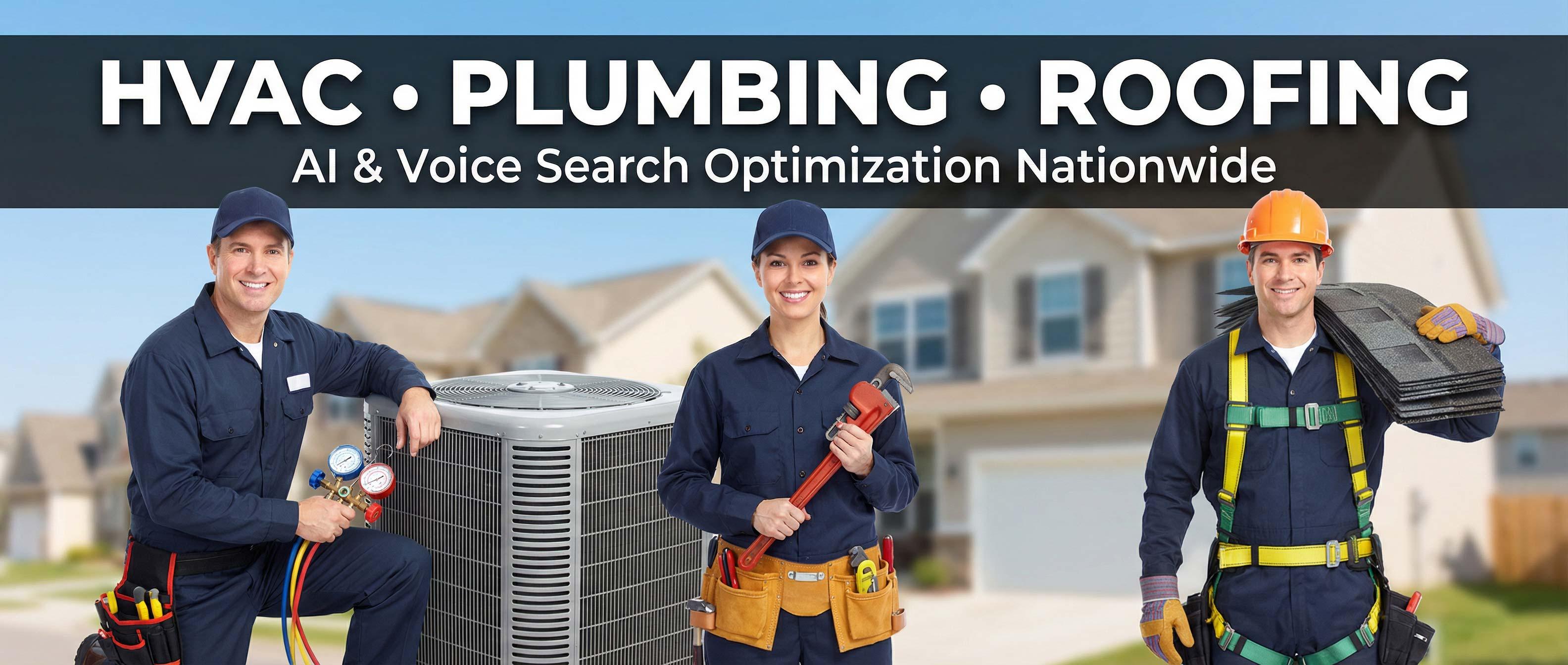 Photorealistic HVAC Plumbing Roofing AI Optimization Slider featuring an HVAC technician, a plumber, and a roofer standing side-by-side with a dark gradient bar containing bold text reading “HVAC • PLUMBING • ROOFING” and smaller text reading “AI & Voice Search Optimization Nationwide.”