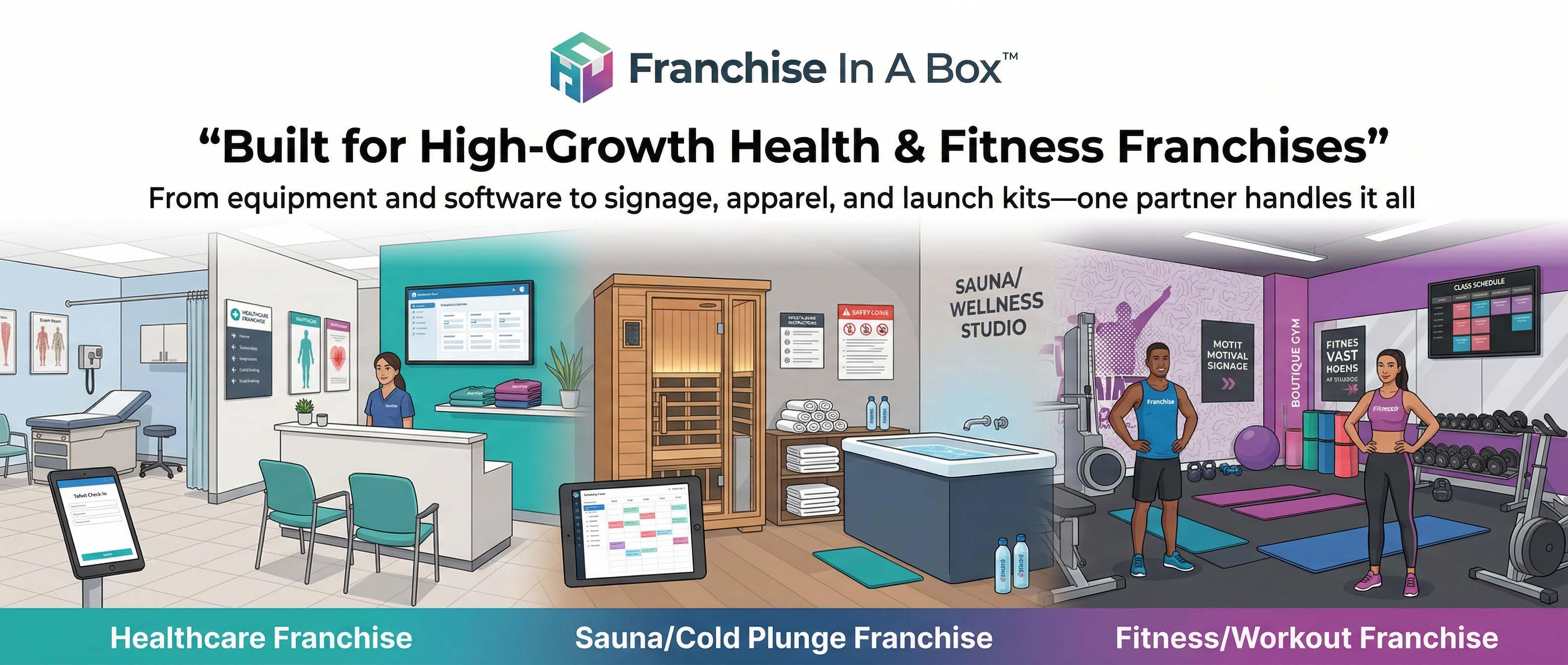 Health wellness and fitness franchise launch solutions including equipment software signage and apparel