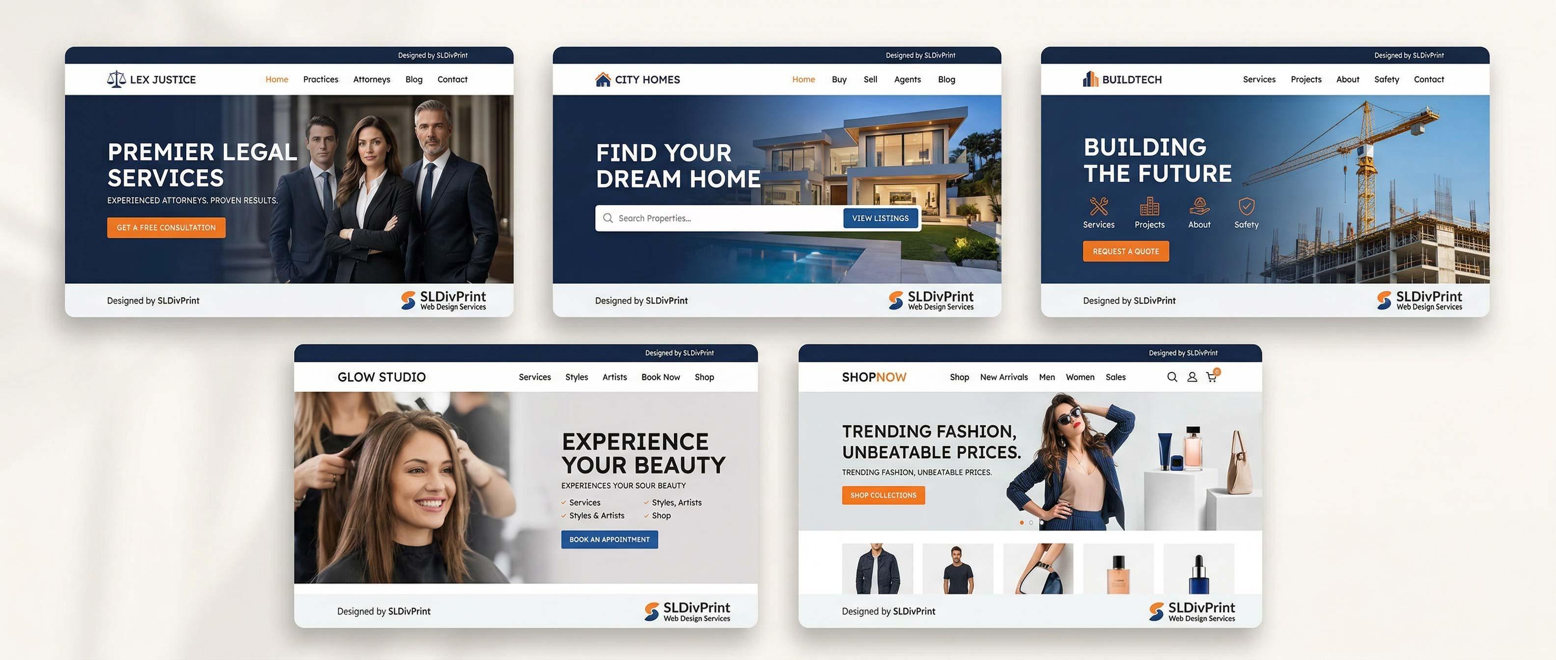 Industry Specific Web Design Services Grid | SL Diversified Printing Grid of sample website homepages for law firm real estate construction beauty salon and retail ecommerce brands real estate website design law firm website design construction company website design beauty salon website design manufacturing business website design entertainment company website design retail brand website design corporate litigation website design AI optimized website responsive website design