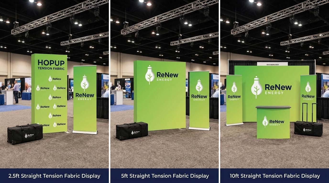 Variety of trade show display booths including 5ft and 2.5ft hopup variants, trade show booth, 10 hopup banner, diversified printing services, Custom Trade Show Booth, retractable banner, booth displays for trade shows