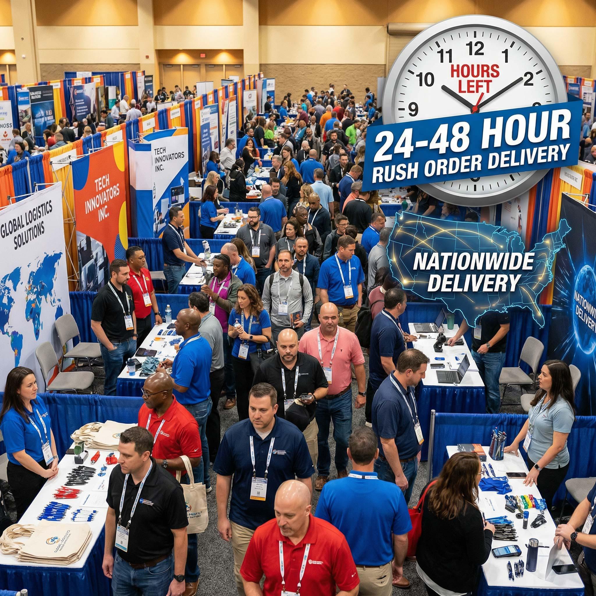 Trade show floor with rush event printing and 24 48 hour nationwide delivery rush printing rush event program 24 hour event packages rush trade show displays emergency event printing fast turnaround printing custom event apparel event banners rush promotional swag 24 hour nationwide event delivery high stakes event solutions