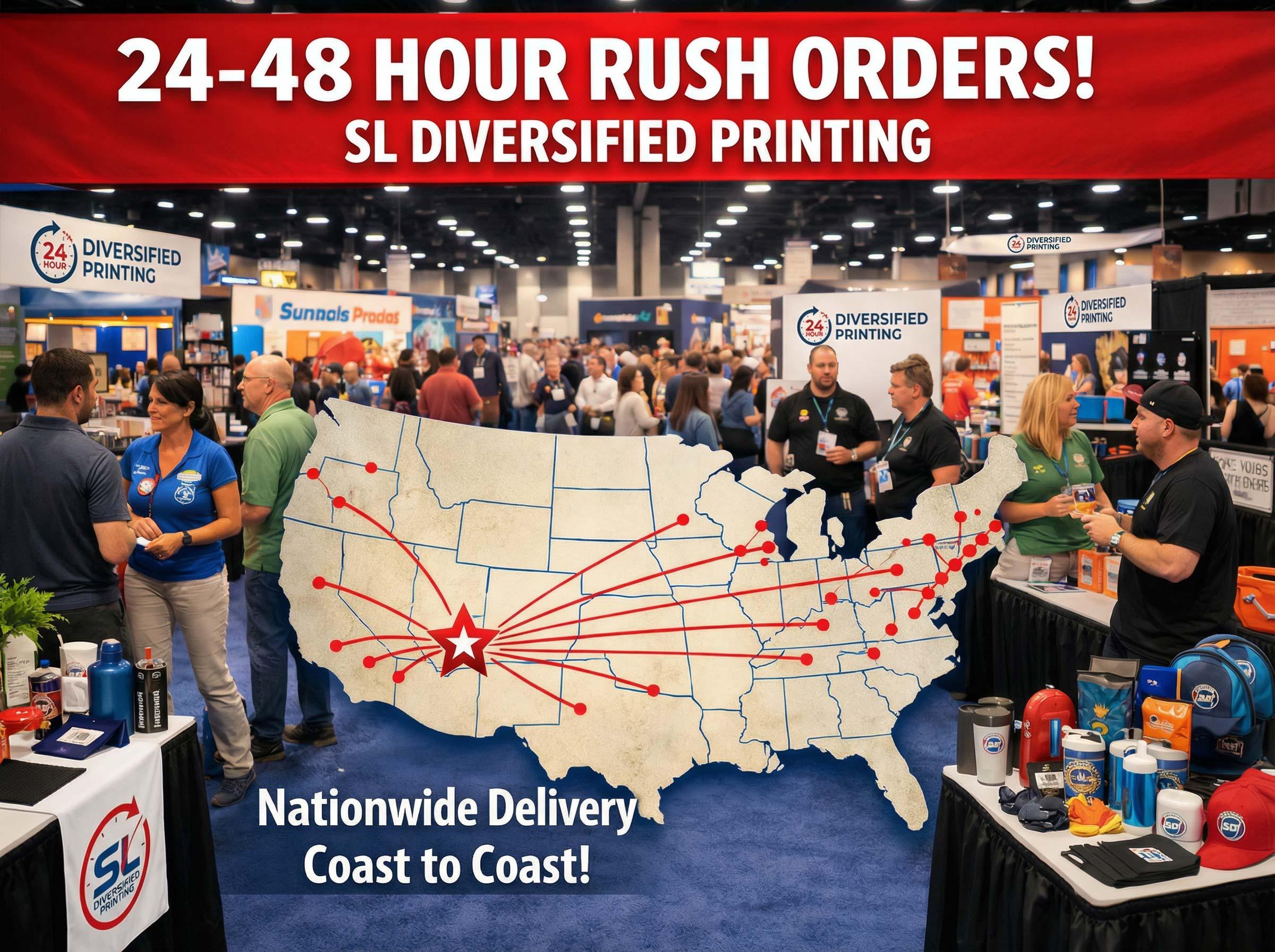 Trade show expo with nationwide rush delivery map for promotional products rush printing rush event program 24 hour event packages rush trade show displays emergency event printing fast turnaround printing custom event apparel event banners rush promotional swag 24 hour nationwide event delivery high stakes event solutions