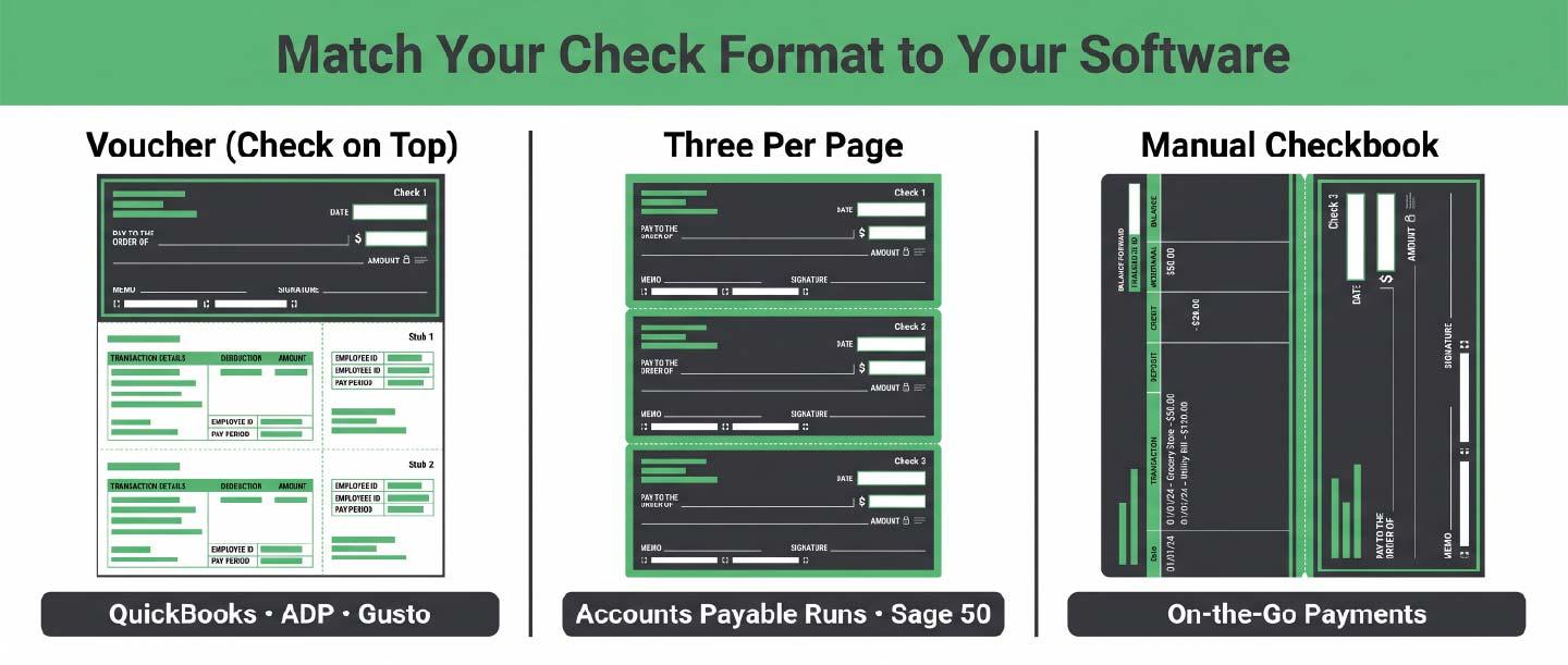 Comparison chart of payroll checks printing formats for QuickBooks, ADP, Gusto, and Sage 50. custom business checks, rush order checks, MICR checks, payroll checks printing, business check printing services, secure check stock, laser checks for QuickBooks, same day check printing, high security business checks, checks with security features, order company checks fast