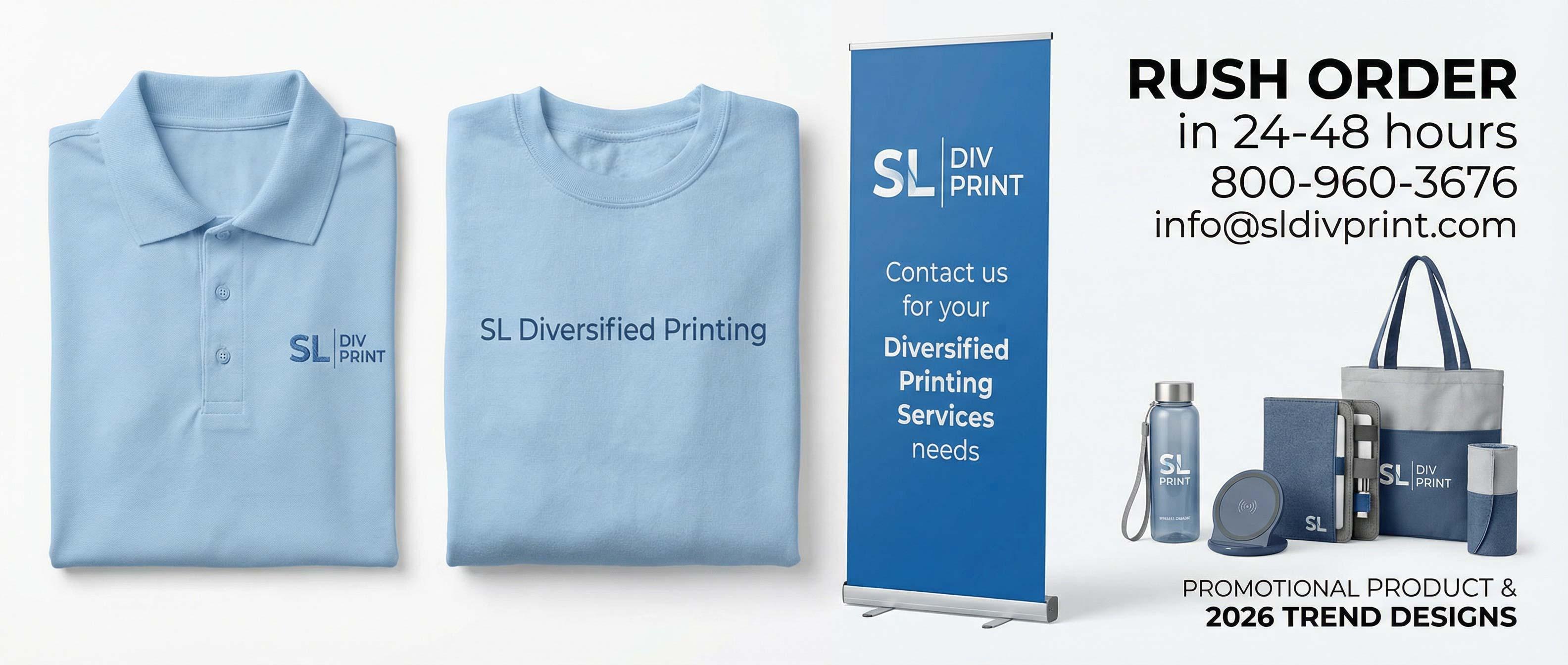 Custom apparel printing Scottsdale with polo shirts t shirts retractable banners tote bags and water bottles for rush order printing Diversified Printing Services printing quote request custom apparel orders custom checks printing custom printing support 24 48 hour rush orders trade show displays printing rush printing services promotional products contact Contact SL Diversified Printing