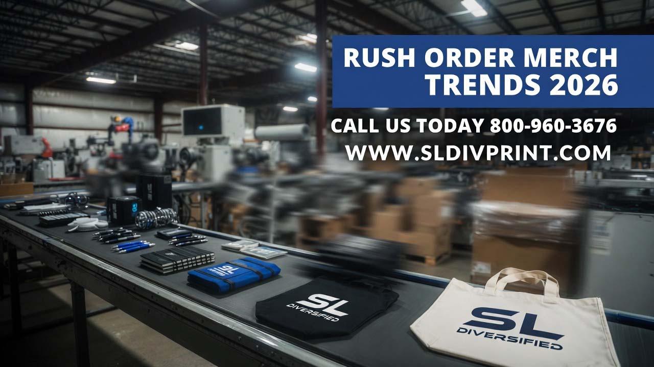Rush order promo on conveyor for 2026 trends with SL Diversified pens, notebooks and totes. 2026 merch trends, merch trends 2026, merch trends, trade show giveaways, trade show swag, top trade show booth giveaways, trade show merch that lands deals, Diversified Printing Services, rush order promo products, custom rush order products, trade show trends 2026, promotional products 2026, sustainable merch, tech-infused swag, personalized promo items, boutique printing firm, rush printing services, custom apparel trends, eco-friendly giveaways,