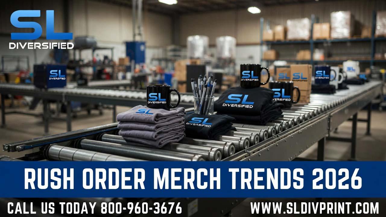 Rush apparel conveyor for 2026 merch trends with SL Diversified branded items. 2026 merch trends, merch trends 2026, merch trends, trade show giveaways, trade show swag, top trade show booth giveaways, trade show merch that lands deals, Diversified Printing Services, rush order promo products, custom rush order products, trade show trends 2026, promotional products 2026, sustainable merch, tech-infused swag, personalized promo items, boutique printing firm, rush printing services, custom apparel trends, eco-friendly giveaways,