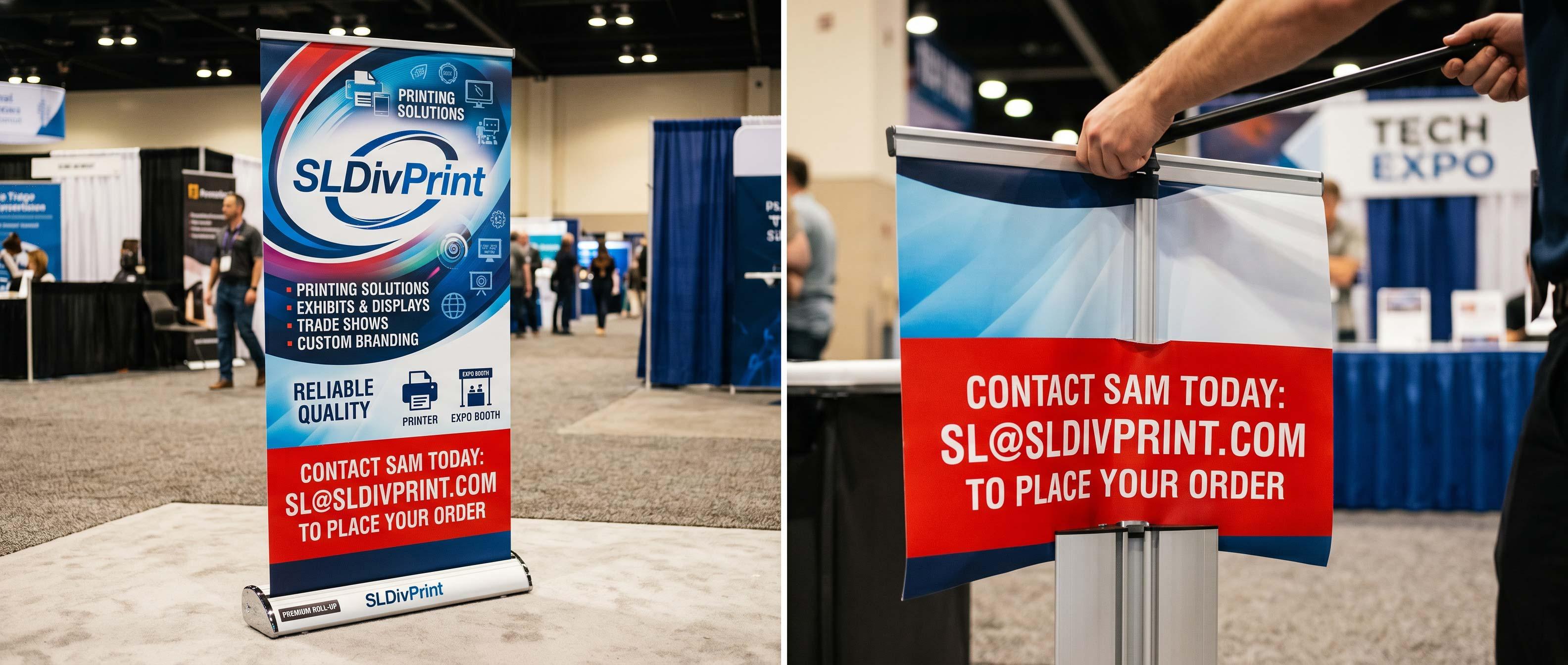 Retractable Banner for Portable Trade Show Displays | SL Diversified Printing Retractable Banner portable display rush order banner rush order banner rush order trade show displays trade show marketing services 20 x 20 trade show booth ideas step and repeat portable banner retractable banner custom trade show displays rush trade show displays trade show booth setup