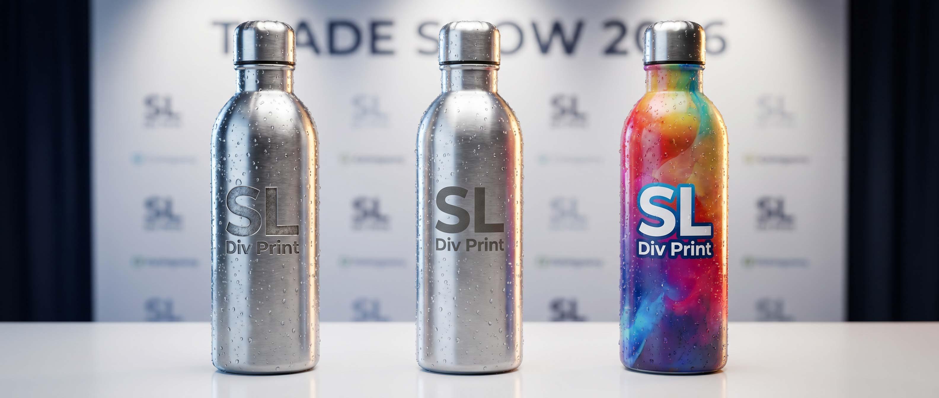 Three SL Div Print bottles on a white surface two silver one colorful rainbow design on the right water droplets visible on the bottles sustainable trade show promotional products reusable water bottle 2026 trade show giveaways 2026 promotional products for trade shows best trade show swag trade show booth promotional products top trade show giveaways effective trade show promotional products rush promotional products for trade shows sustainable trade show promotional products trade show swag ideas 2026 best promotional giveaways for trade shows