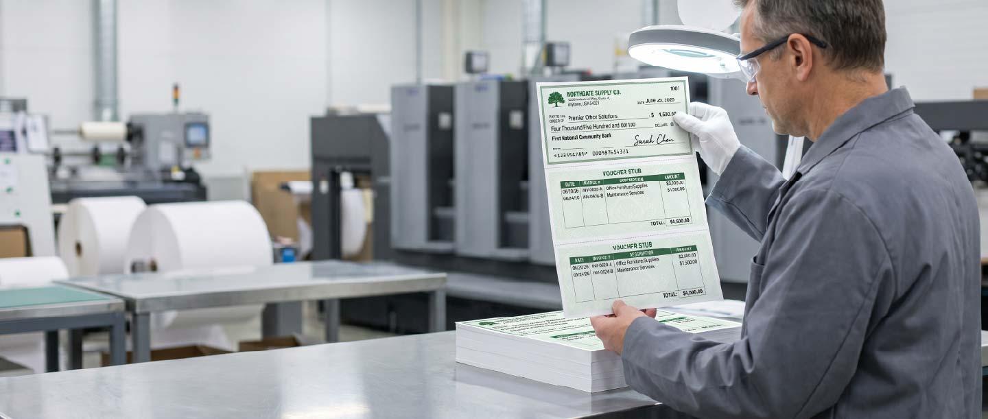 Print specialist performing quality control and integrated kitting on rush business voucher checks in an Arizona facility rush business checks custom laser checks custom AP checks business check printing services custom checks for businesses fast turnaround check printing personalized business checks secure check printing solutions custom MICR checks high security business checks