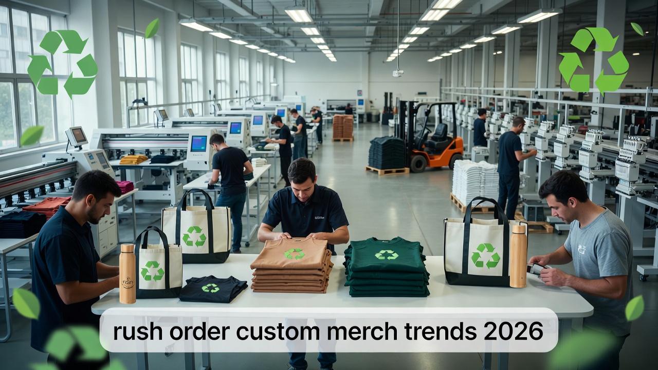 Rush Order Custom Merch Trends 2026 Eco Production Line 2026 Assembly line for sustainable custom merch in rush orders and Diversified Printing Services