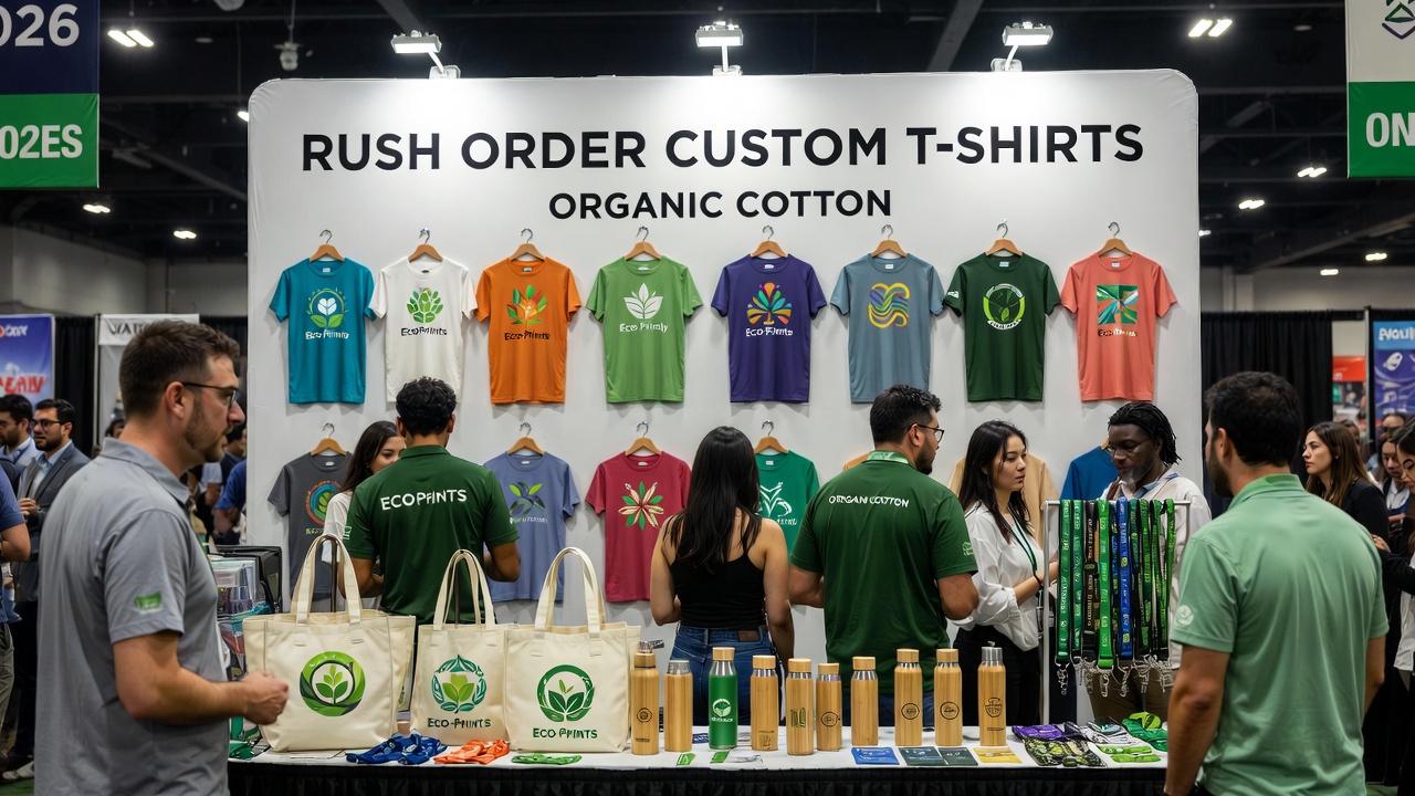Rush order custom t shirts organic cotton eco friendly booth display trade show 2026 custom merchandise rush order custom t shirts custom promo products