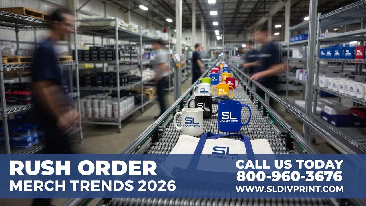 Rush Order Promo Trends 2026 with Rush order merch coming off conveyor all branded with SL Diversified mugs and workers. 2026 merch trends, merch trends 2026, merch trends, trade show giveaways, trade show swag, top trade show booth giveaways, trade show merch that lands deals, Diversified Printing Services, rush order promo products, custom rush order products, trade show trends 2026, promotional products 2026, sustainable merch, tech-infused swag, personalized promo items, boutique printing firm, rush printing services, custom apparel trends, eco-friendly giveaways,