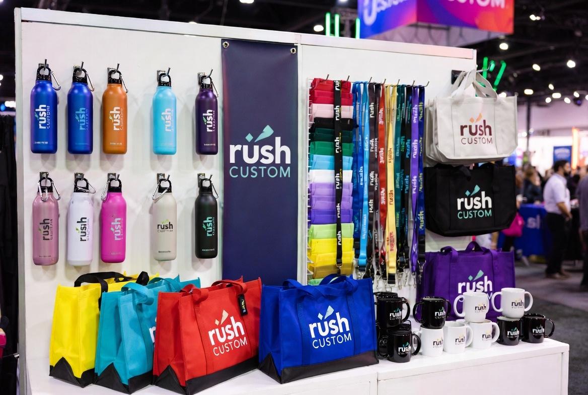 Rush promo products on display at trade show event
