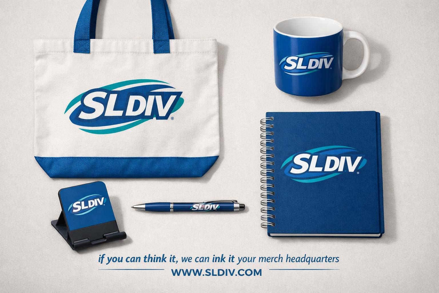 Rush Promotional Products Branded Swag Layout | SL Diversified Printing Flat lay of rush promotional products including tote mug notebook and tech accessory rush order printing 24 hour turnaround printing RUSH ORDER TEE nationwide fast printing urgent branded swag trade show graphics rush