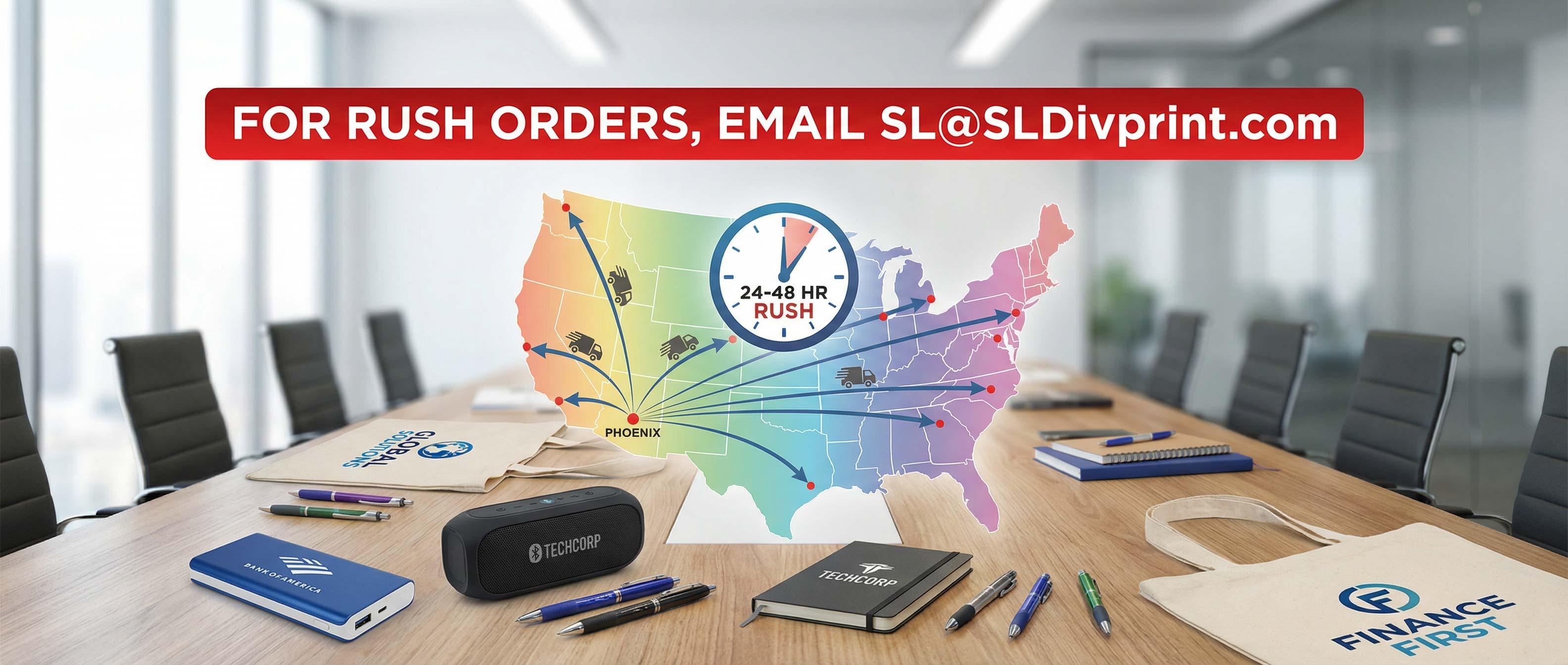 Promotional swag on conference table with 24 48 hour rush nationwide map