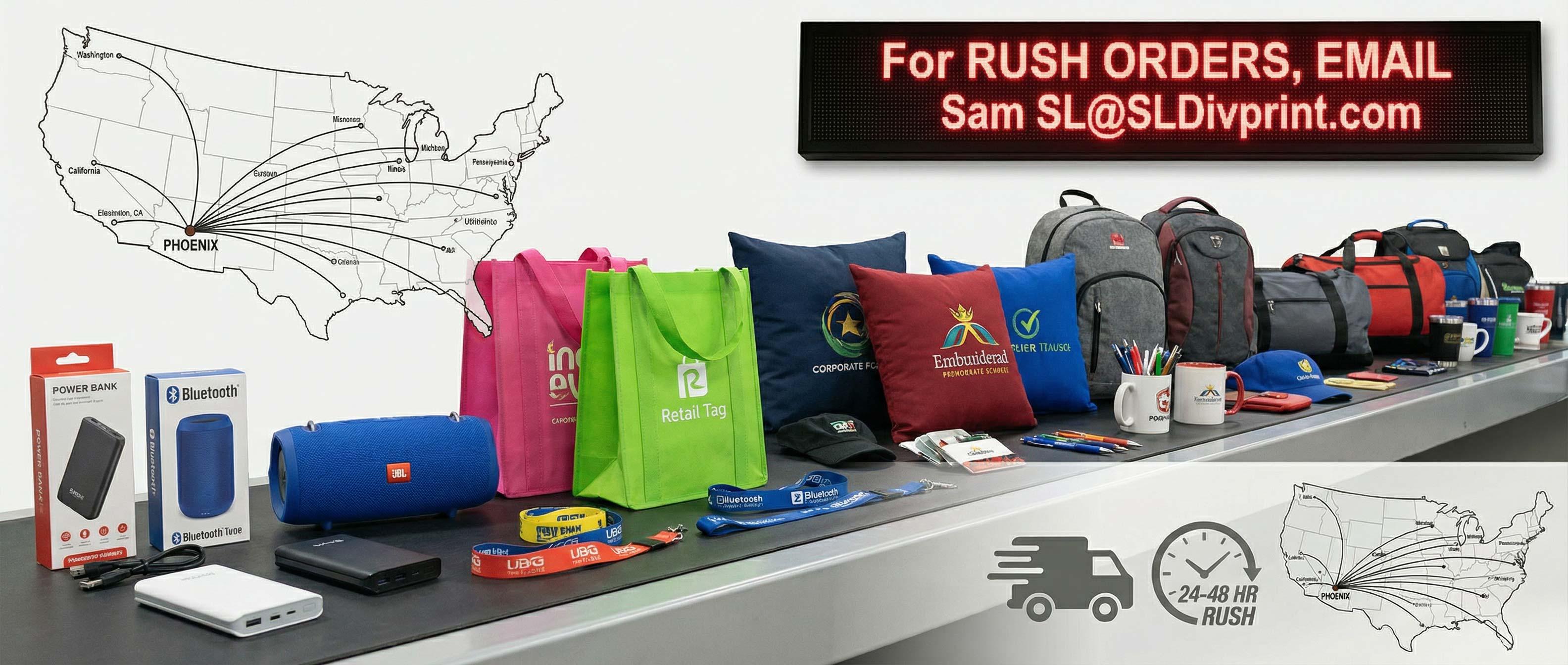 Assorted promotional swag with 24 48 hour rush nationwide delivery map rush event program 24 hour event packages rush trade show displays emergency event printing fast turnaround printing custom event apparel event banners rush promotional swag 24 hour nationwide event delivery high stakes event solutions rush printing rush step and repeat banners rush retractable banners rush order printing rushorder printing