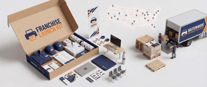 Franchise in a box hero image showing a branded franchise launch kit with apparel menus signage badges and promotional products ready for nationwide rollout