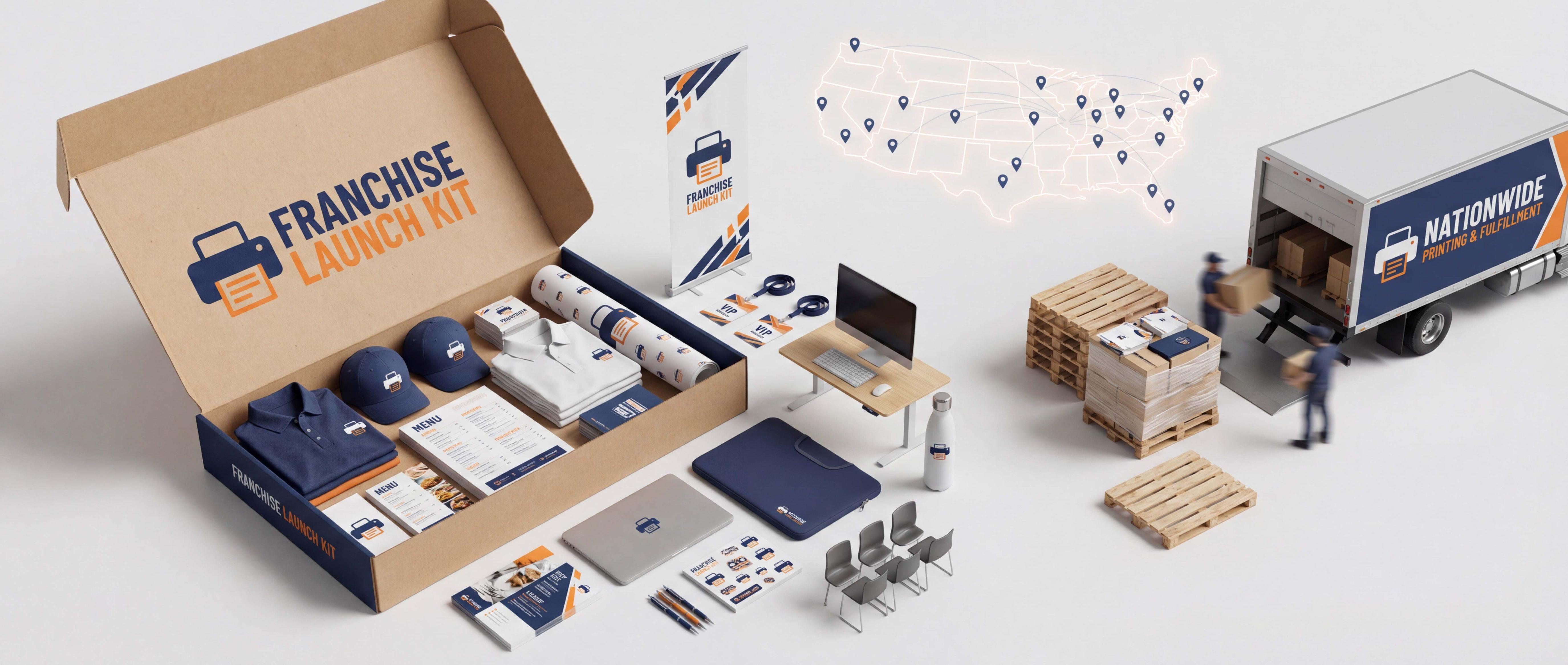 SL Diversified Printing Franchise in a Box Hero Image | SL Diversified Printing Franchise in a box hero image showing a branded franchise launch kit with apparel menus signage badges and promotional products ready for nationwide rollout