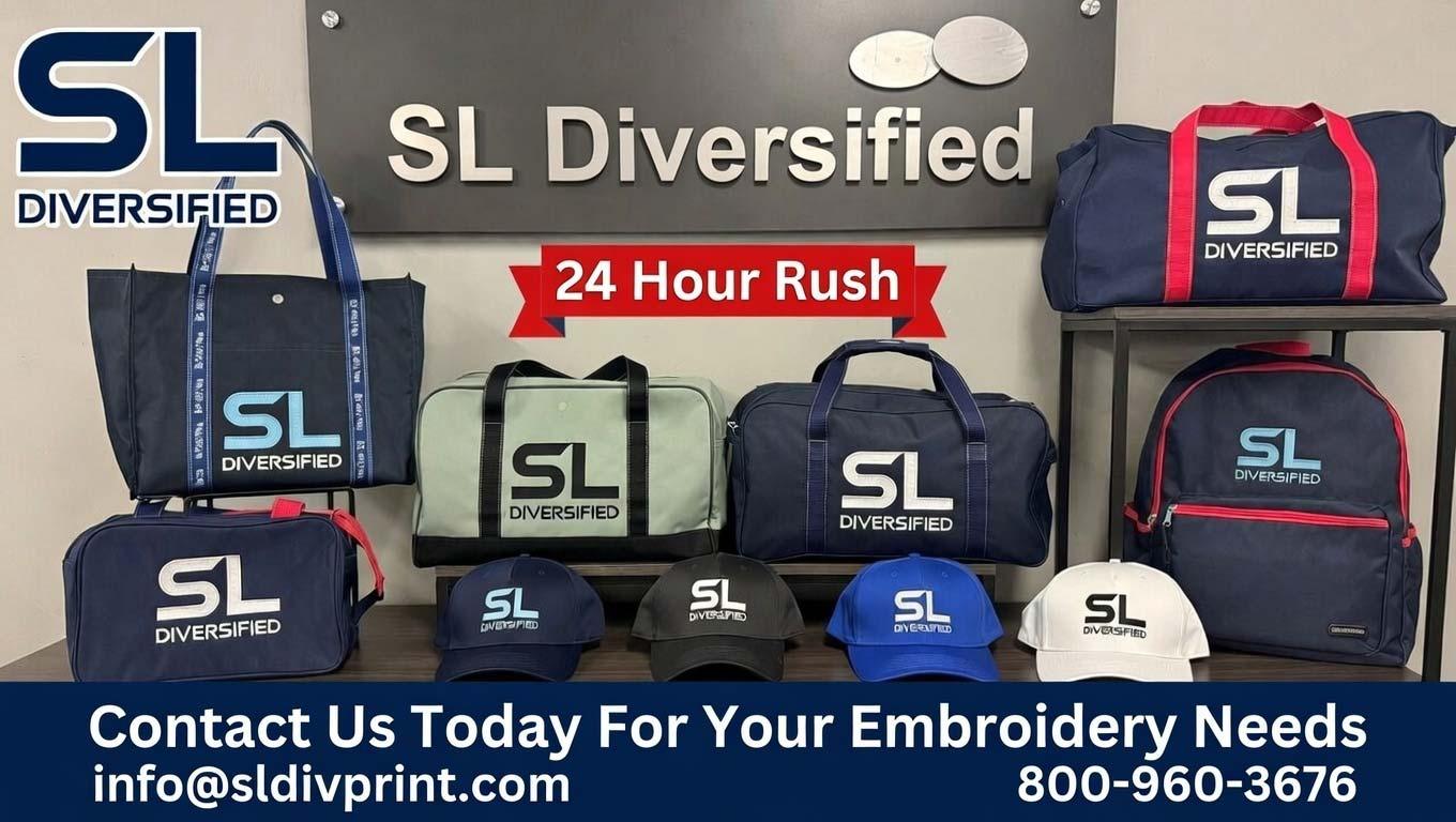Custom embroidery services showroom with SL Diversified branding custom embroidered hats Diversified Printing Services  Rush order hats Rush order custom bags Rush order custom backpack