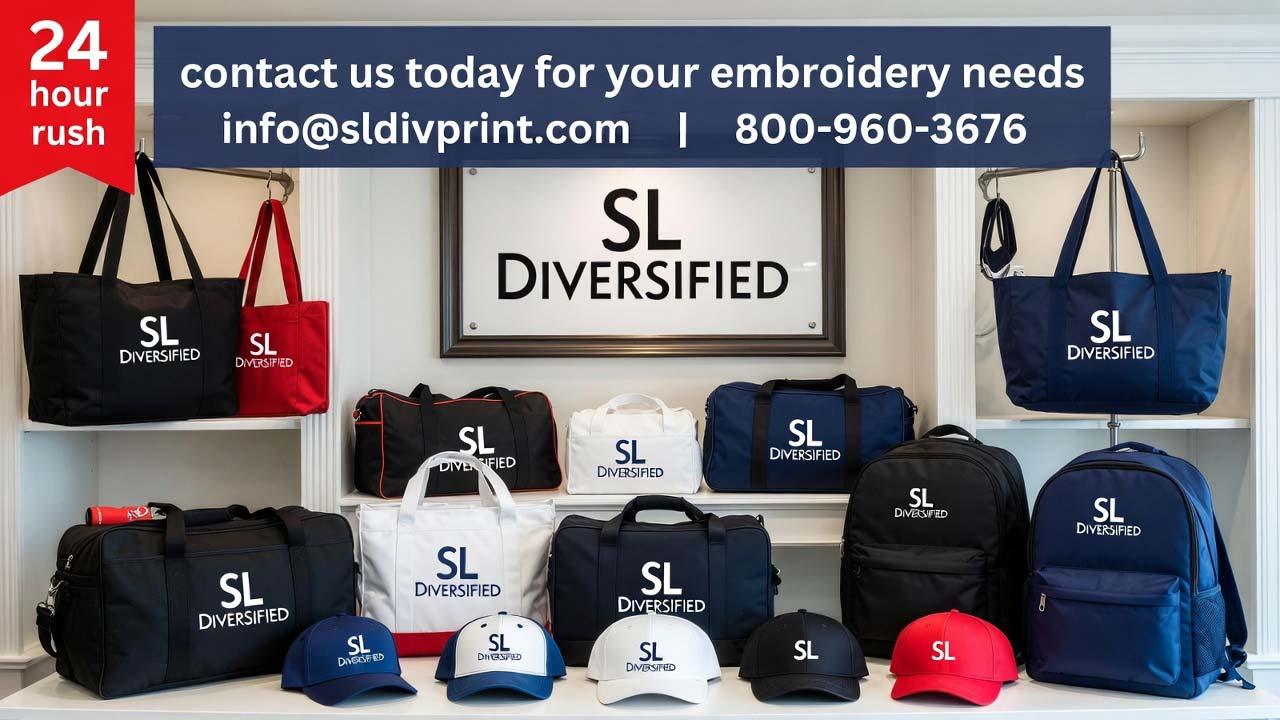 SL Diversified showroom displaying custom embroidered products custom embroidered hats Diversified Printing Services  Rush order hats Rush order custom bags Rush order custom backpack